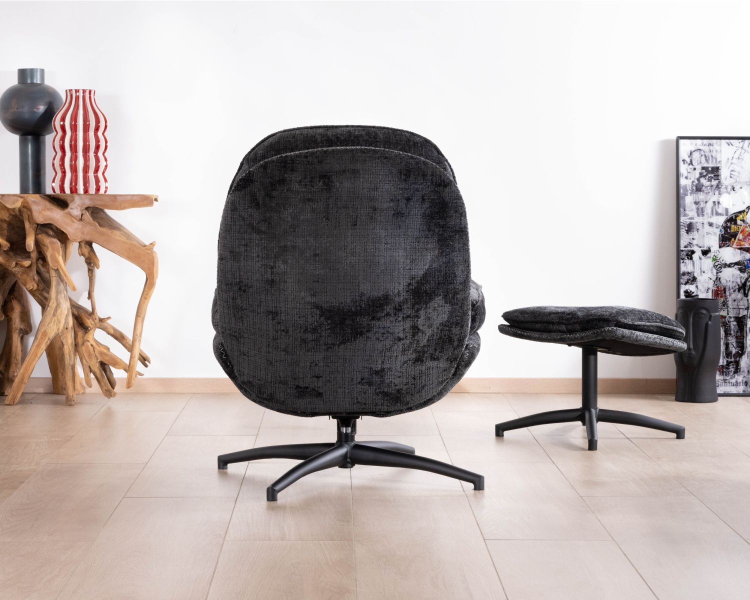 Fauteuil cosy rotatif design rétro en tissu gris "Branson" avec pouf