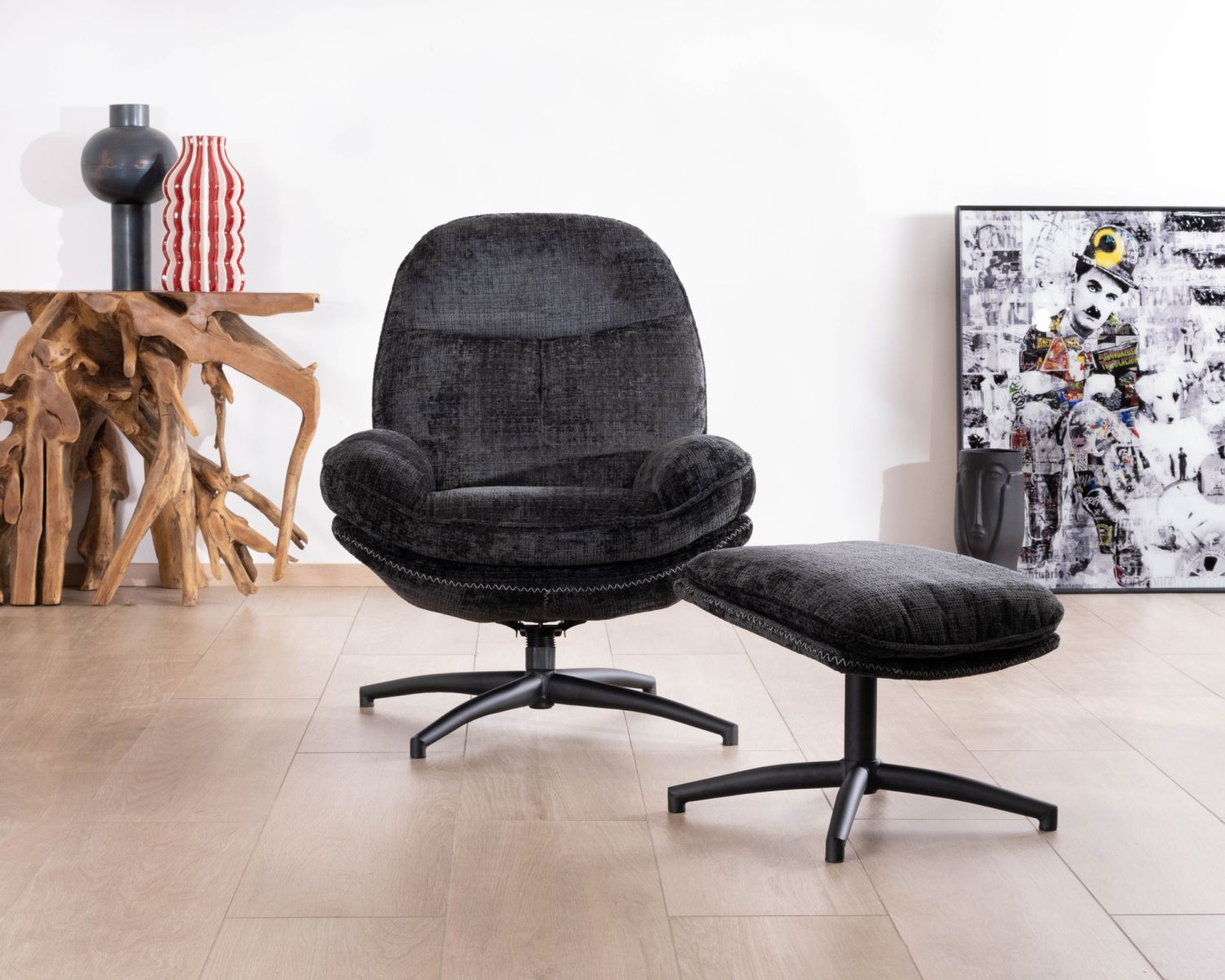 Fauteuil cosy rotatif design rétro en tissu gris "Branson" avec pouf