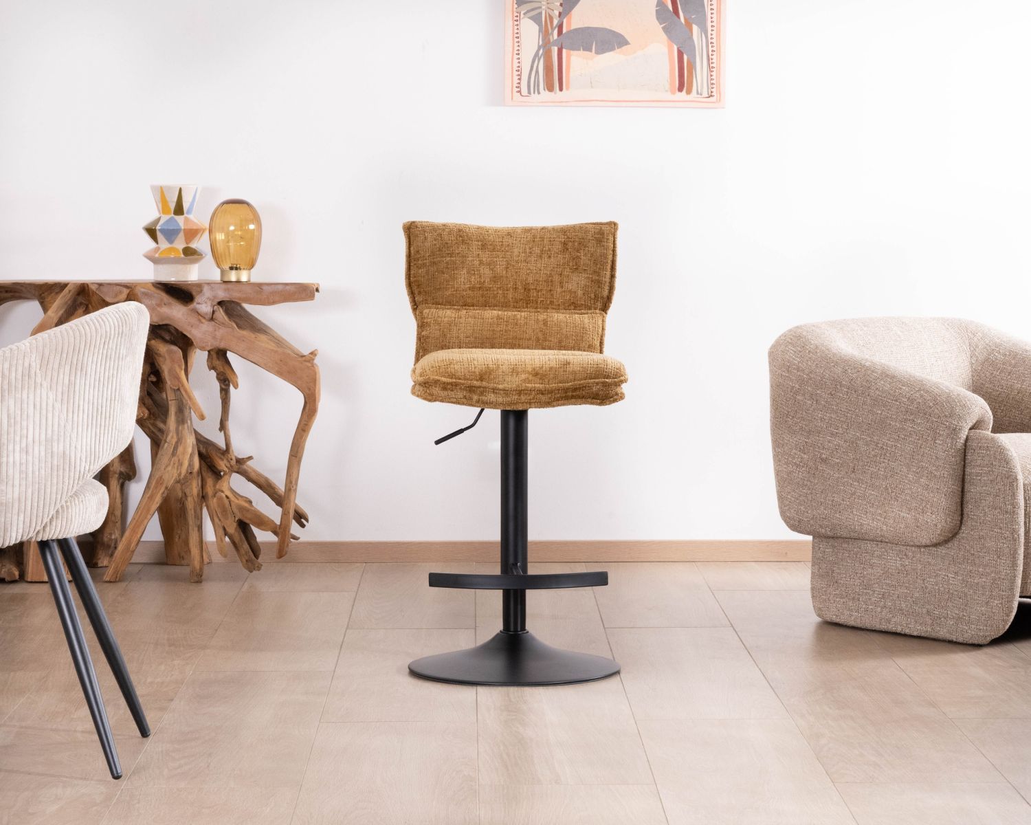 Lot de 2 chaises hautes en tissu moutarde "Topley" assise réglable en hauteur