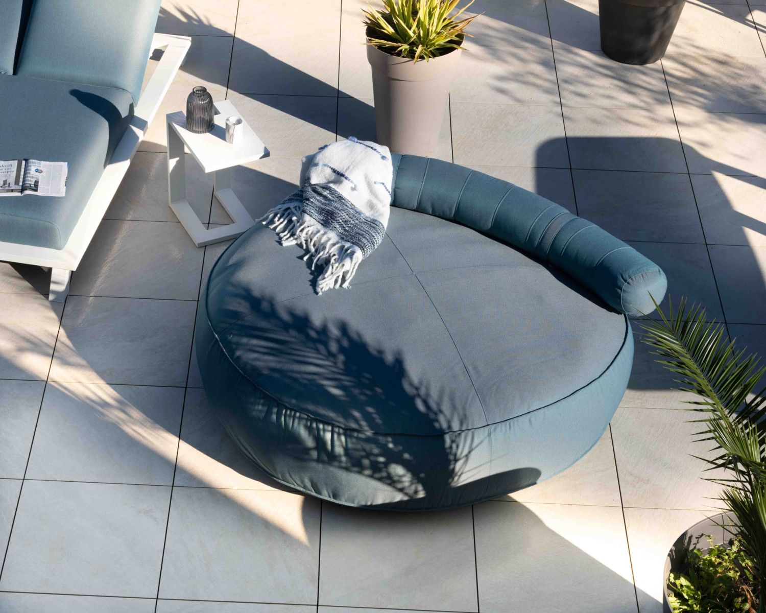 Bain de soleil moelleux diamètre 1m80 "Saint Tropez" en tissu turquoise