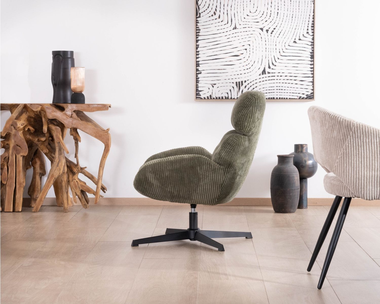 Fauteuil ultra confort tournant 360° en velours côtelé vert doux "Bissett"