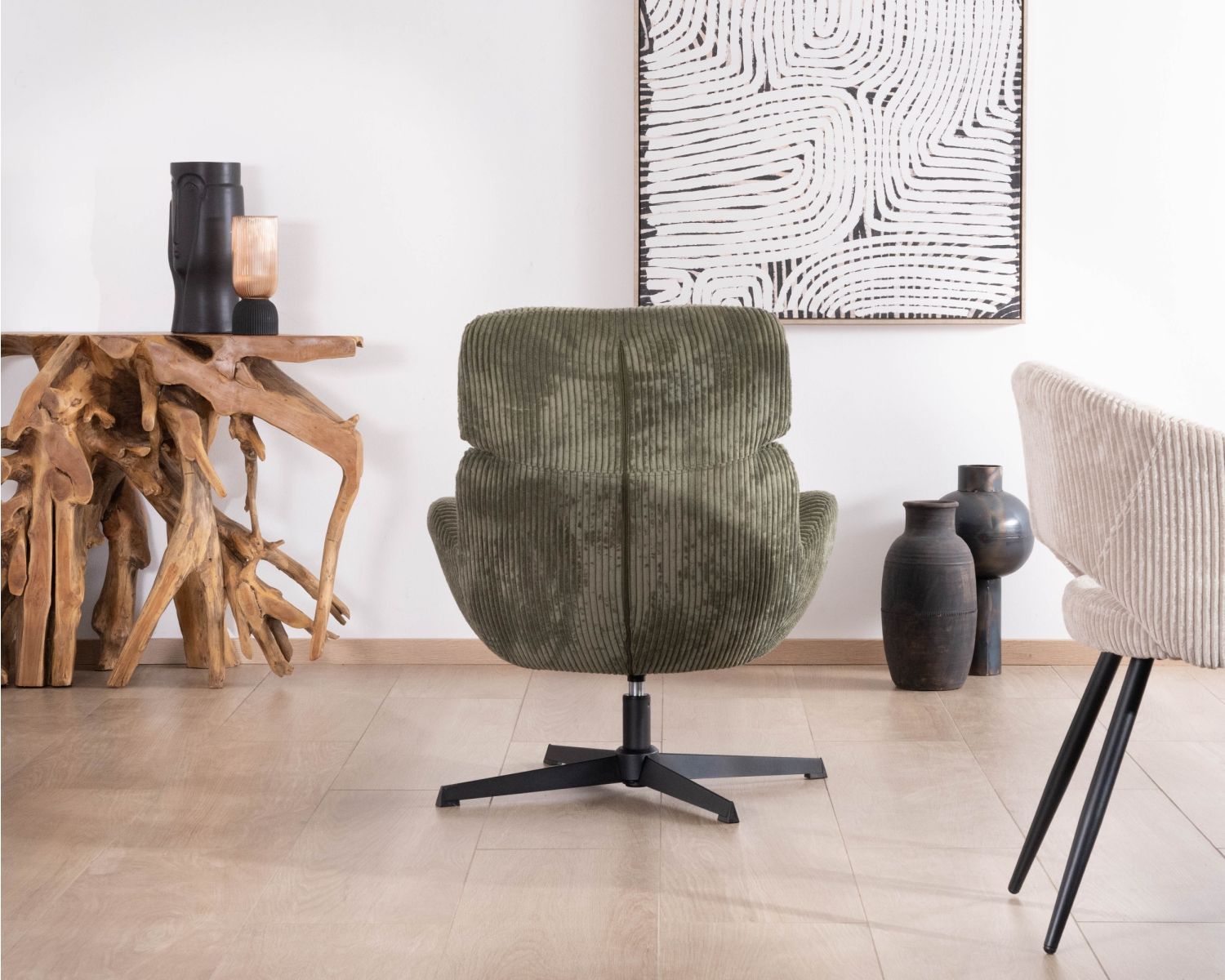 Fauteuil ultra confort tournant 360° en velours côtelé vert doux "Bissett"