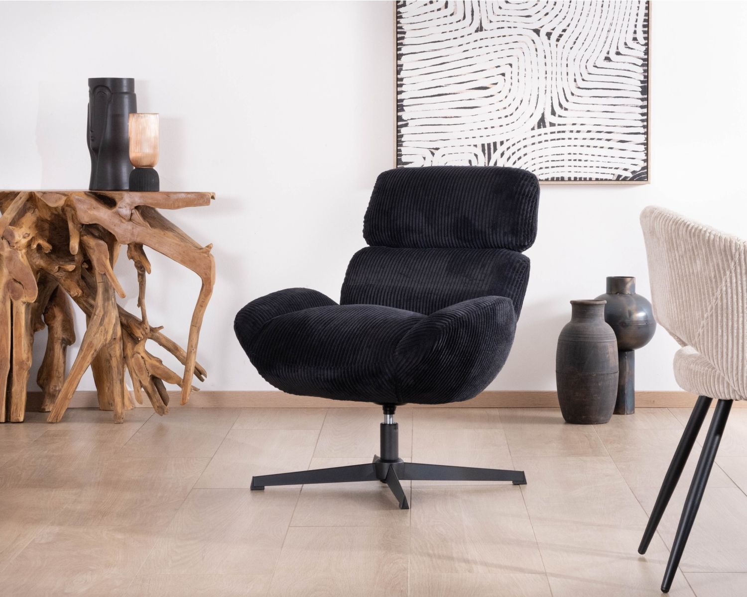 Fauteuil relax tournant 360° en velours côtelé noir "Bissett"