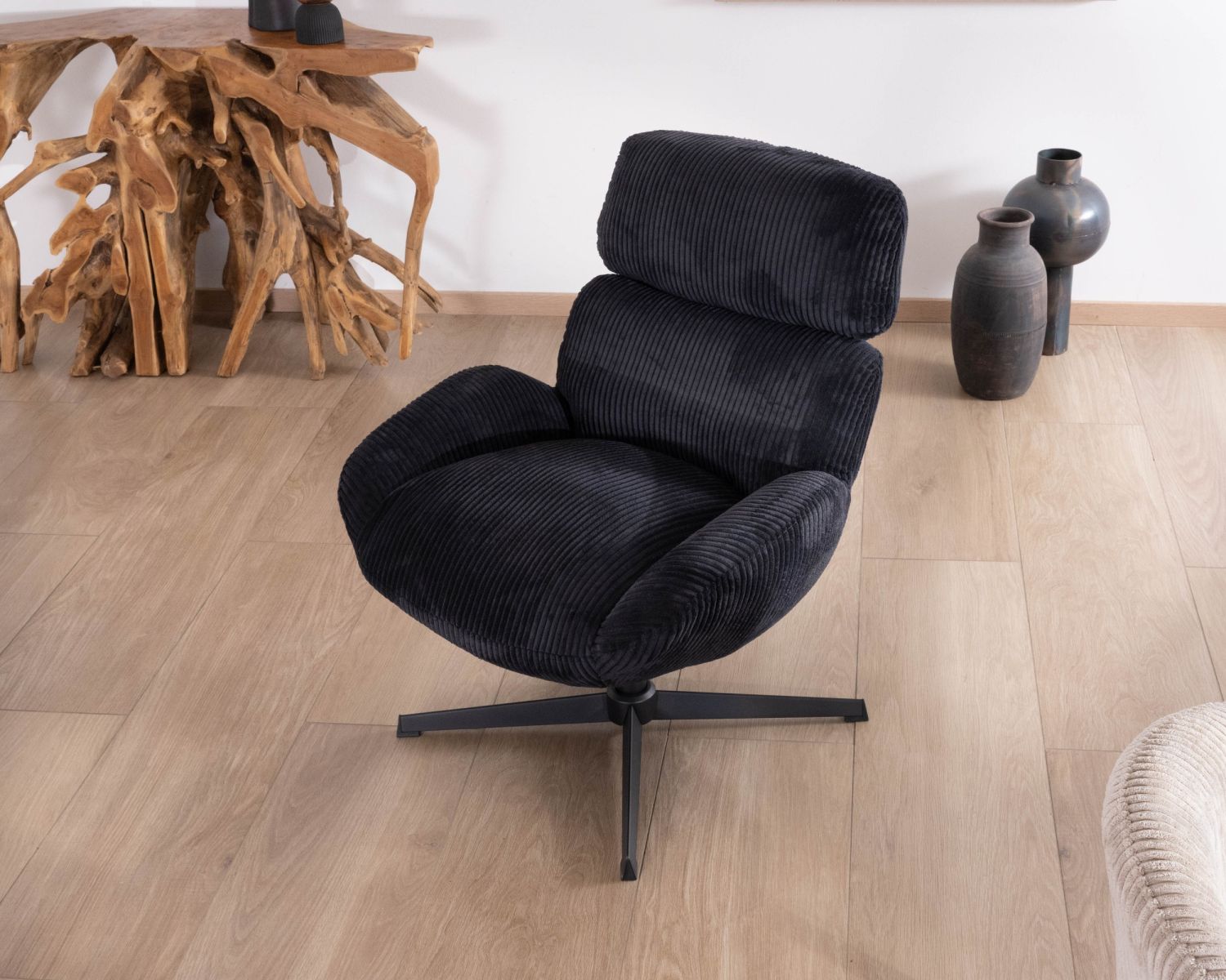 Fauteuil relax tournant 360° en velours côtelé noir "Bissett"