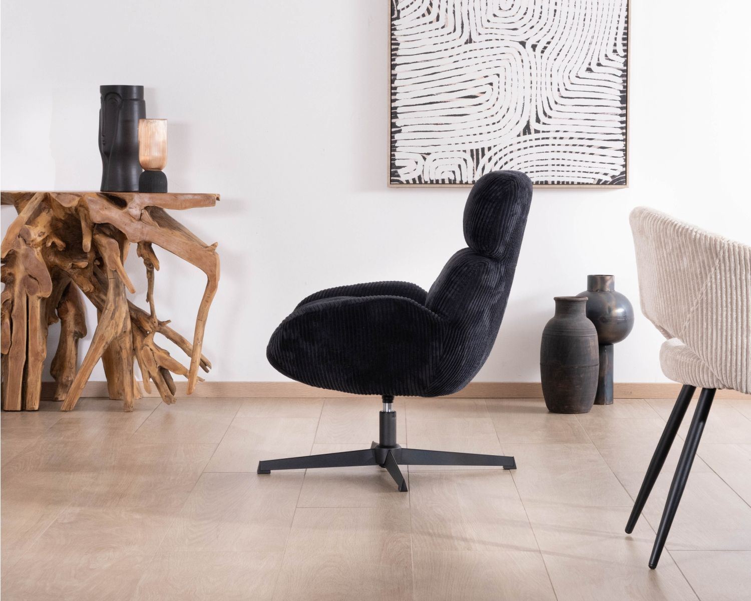 Fauteuil relax tournant 360° en velours côtelé noir "Bissett"