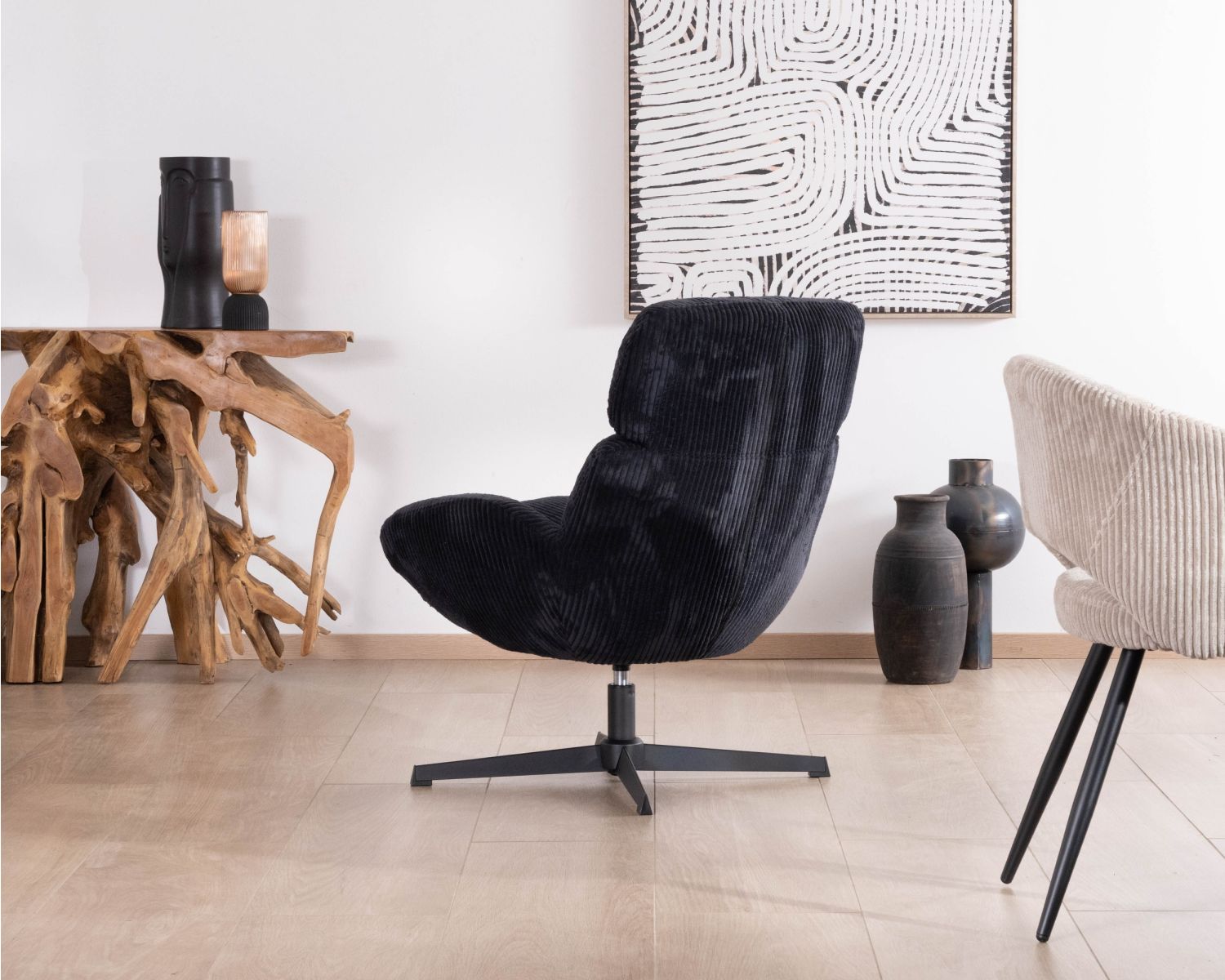 Fauteuil relax tournant 360° en velours côtelé noir "Bissett"