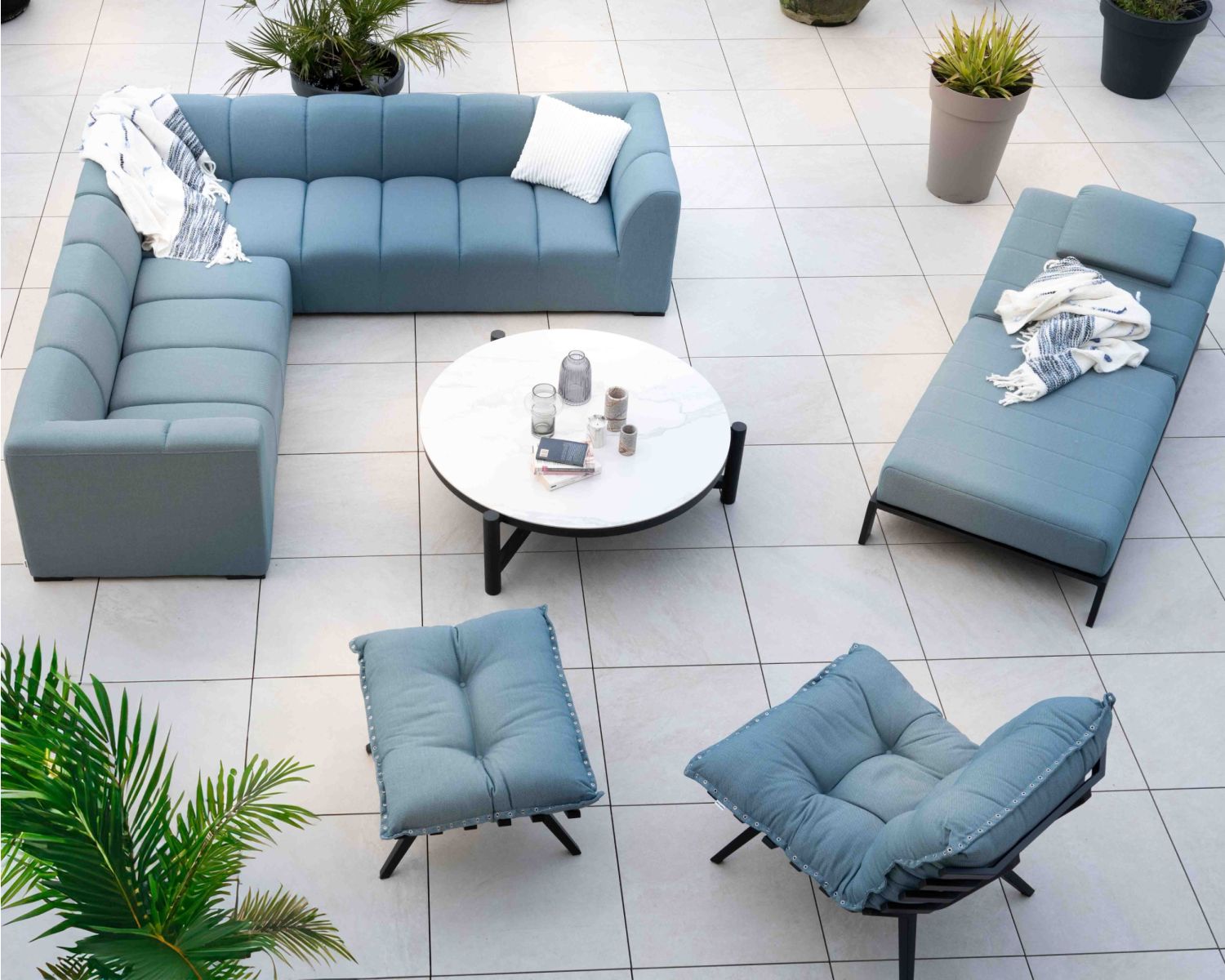 Canapé d'angle en tissu turquoise haut de gamme "Terrasse" spécial extérieur