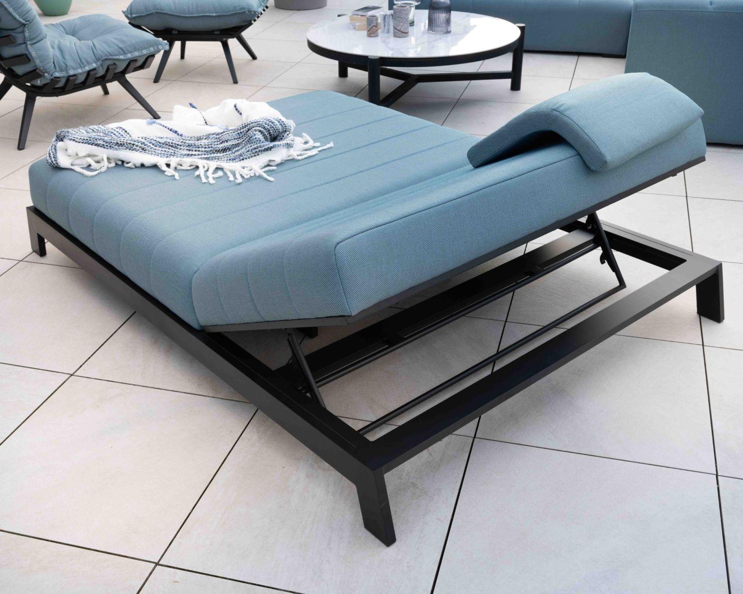 Bain de soleil double turquoise et noir textile extérieur "Terrasse"