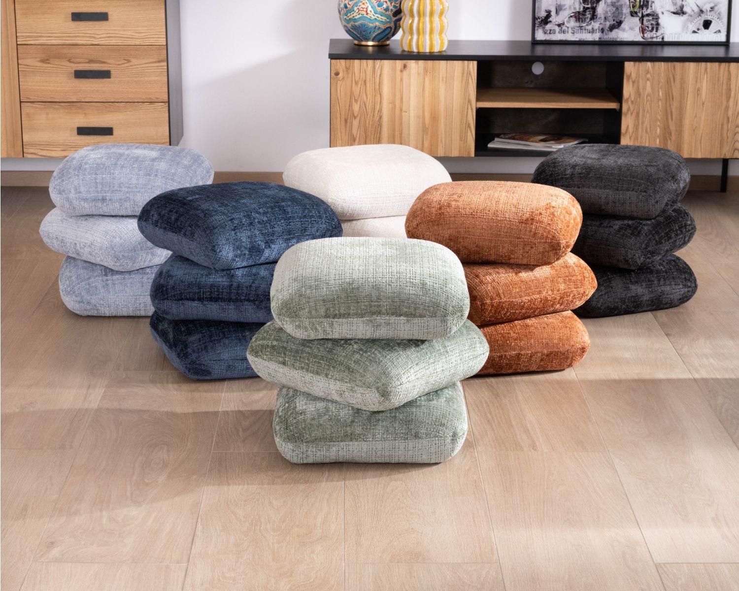 Pouf 3 niveaux pivotants design organique en tissu tramé cuivré « Flow » esprit rétro chic