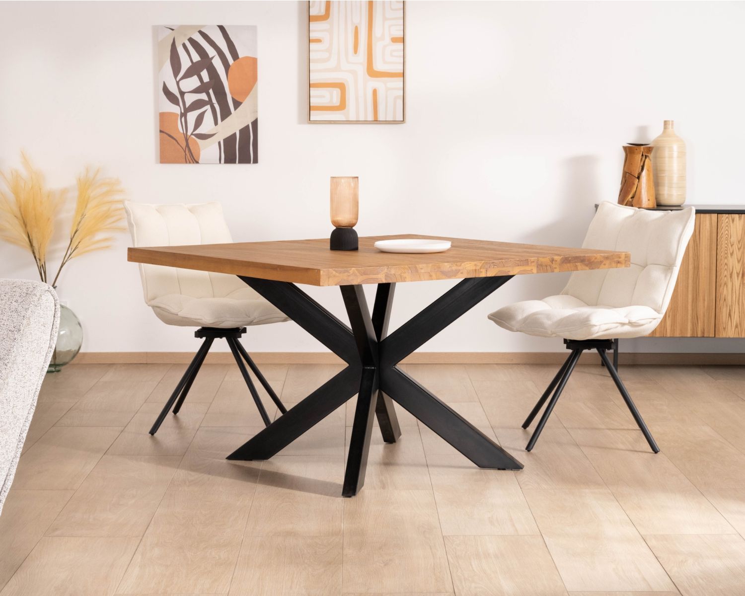 Table de repas carrée en teck pied métal 130 cm "Zenia"