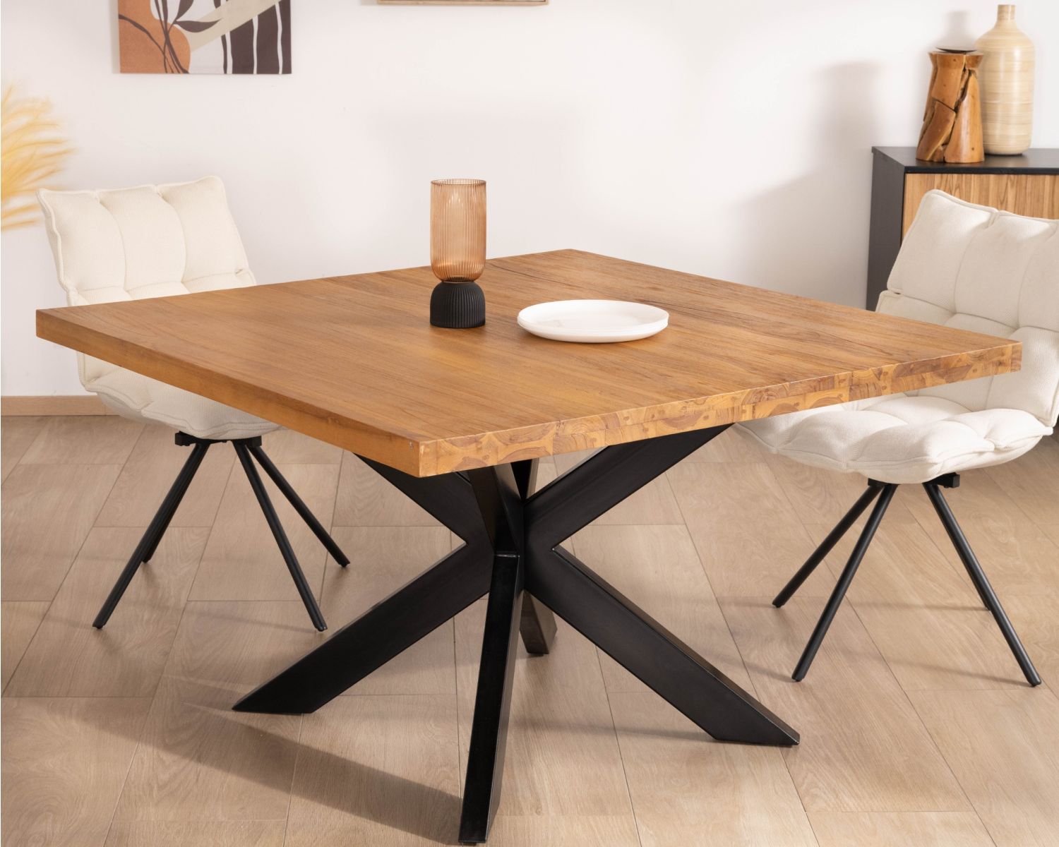 Table de repas carrée en teck pied métal 130 cm "Zenia"