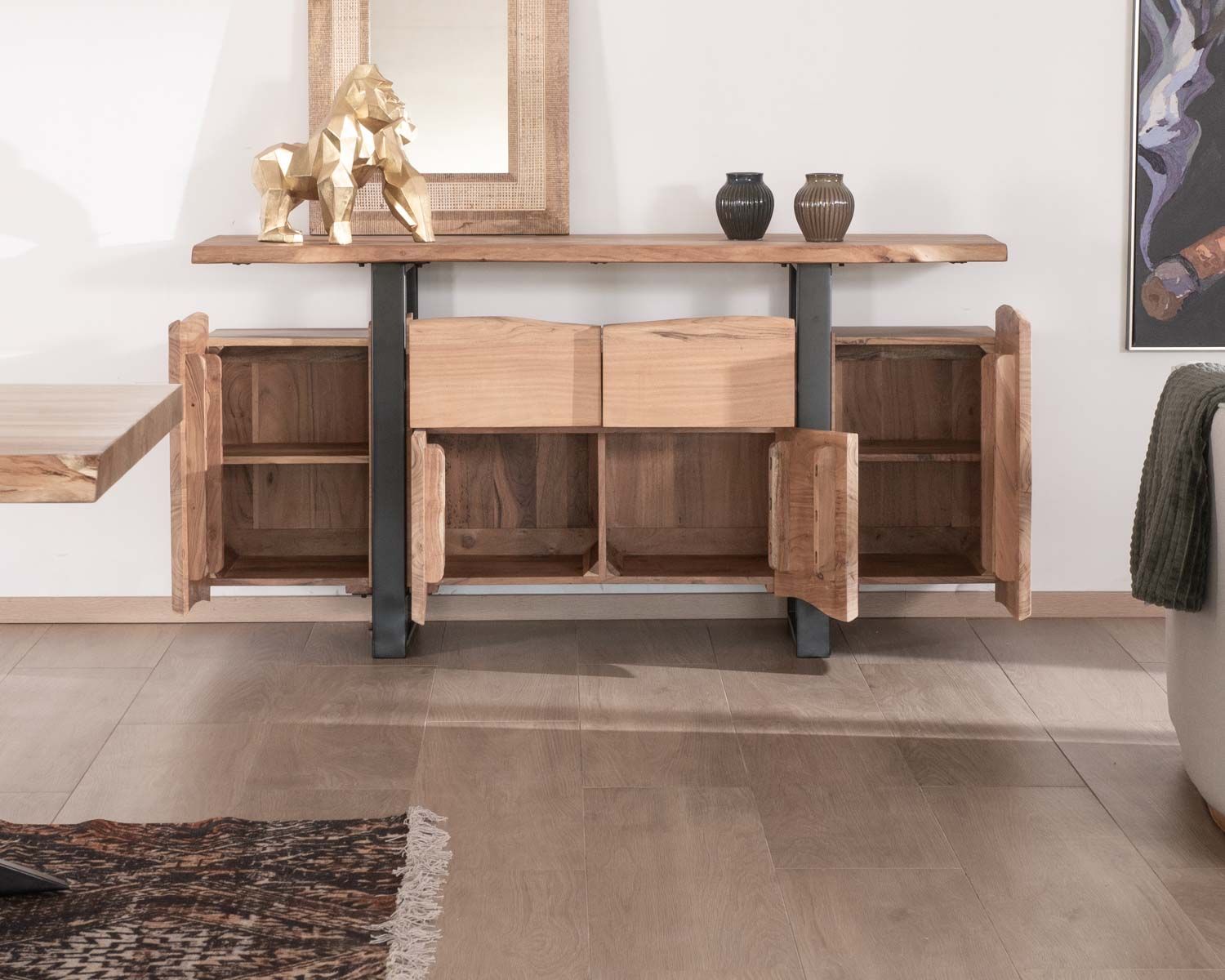 Bahut avec tiroirs en bois massif naturel "Zen Black"