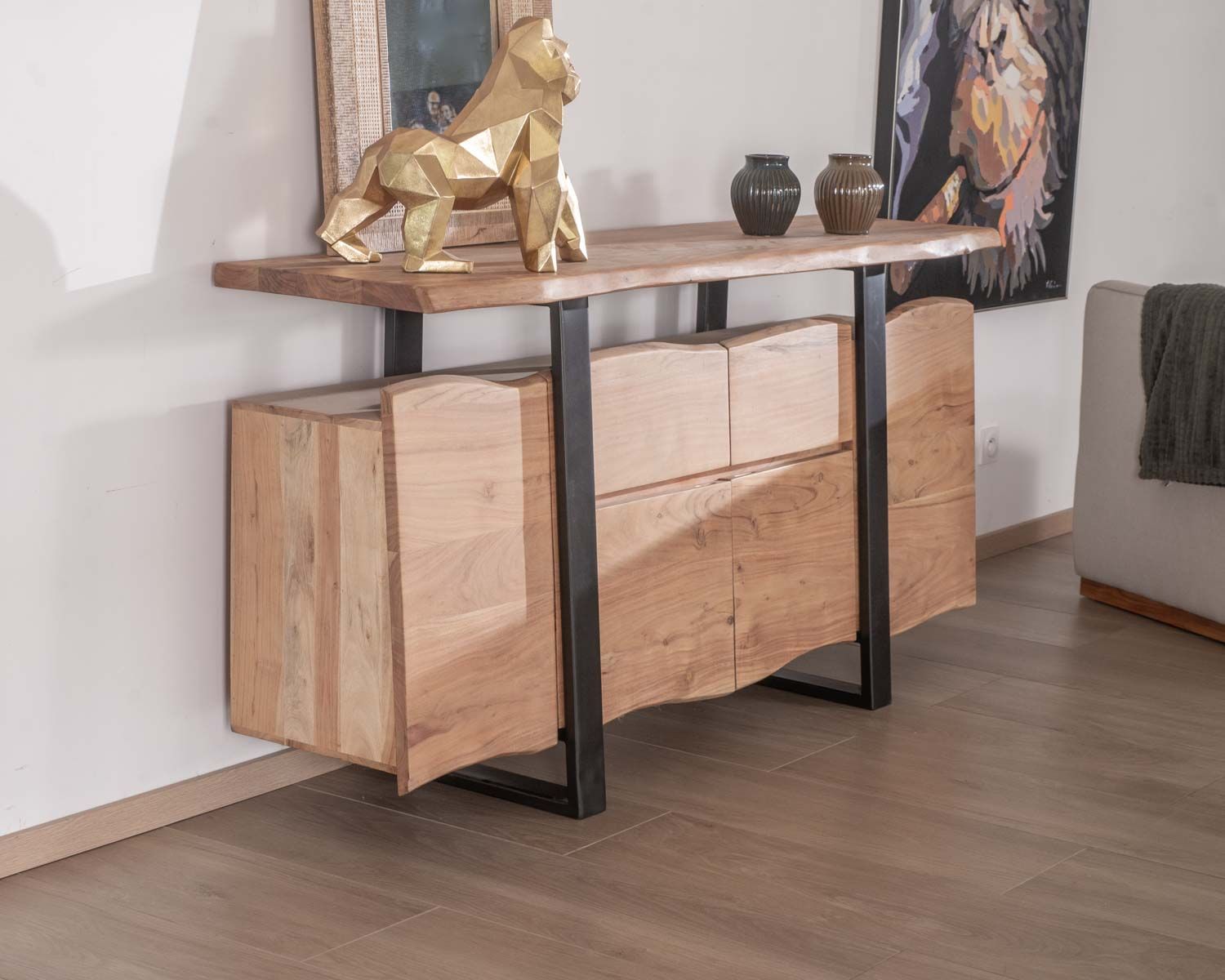 Bahut avec tiroirs en bois massif naturel "Zen Black"