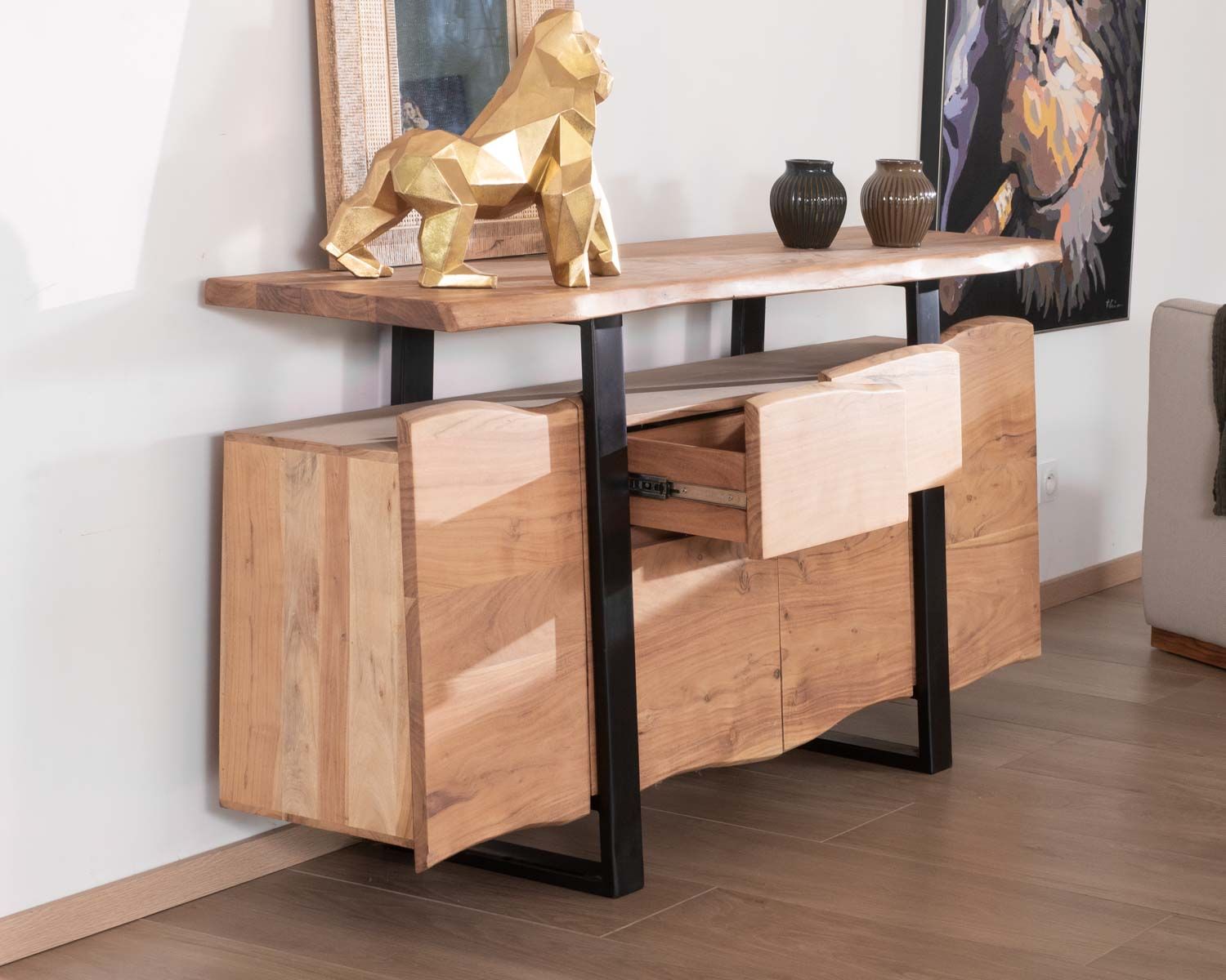 Bahut avec tiroirs en bois massif naturel "Zen Black"