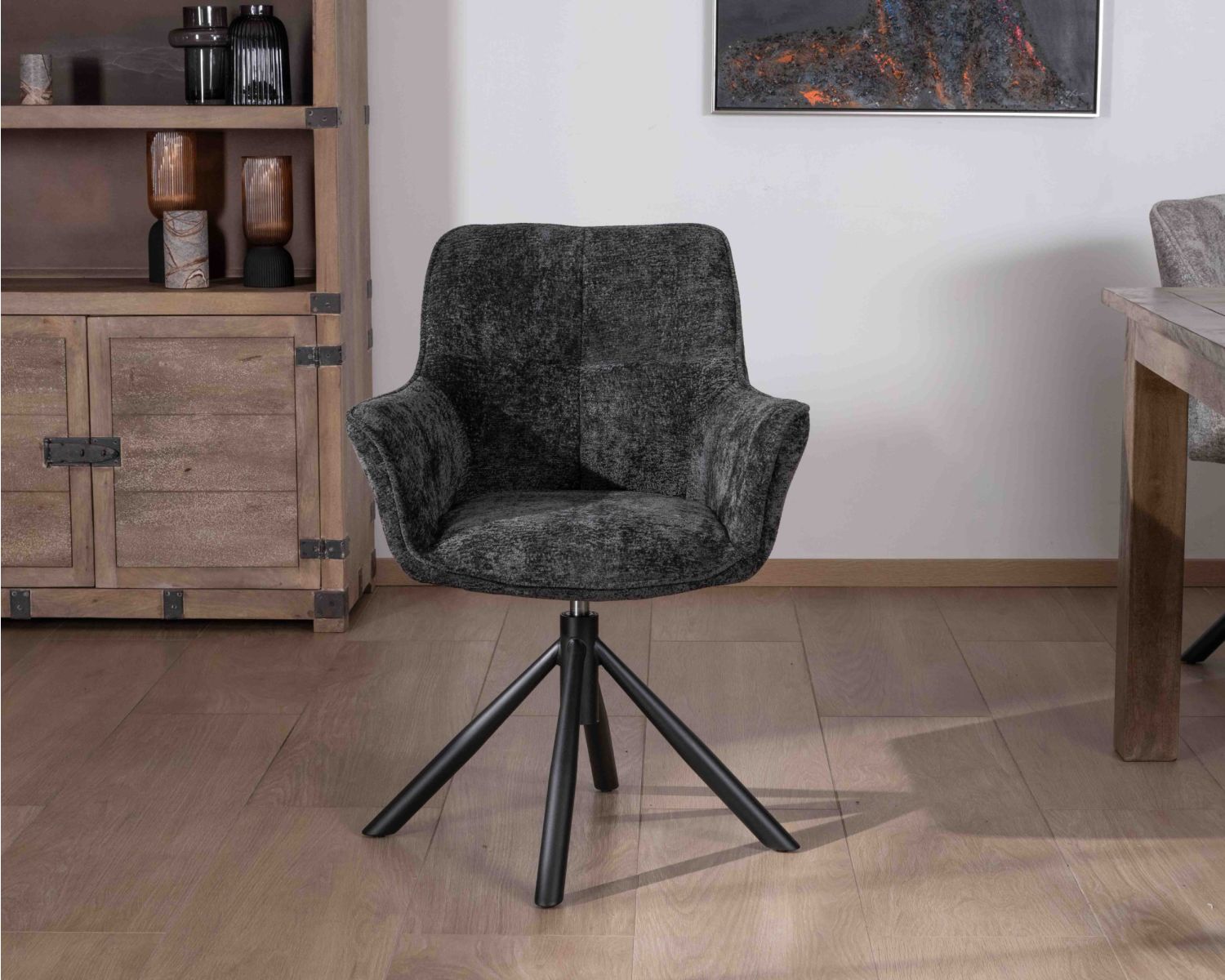 Lot de 2 chaises avec accoudoirs en tissu noir et pied métal pivotant "Ewing"