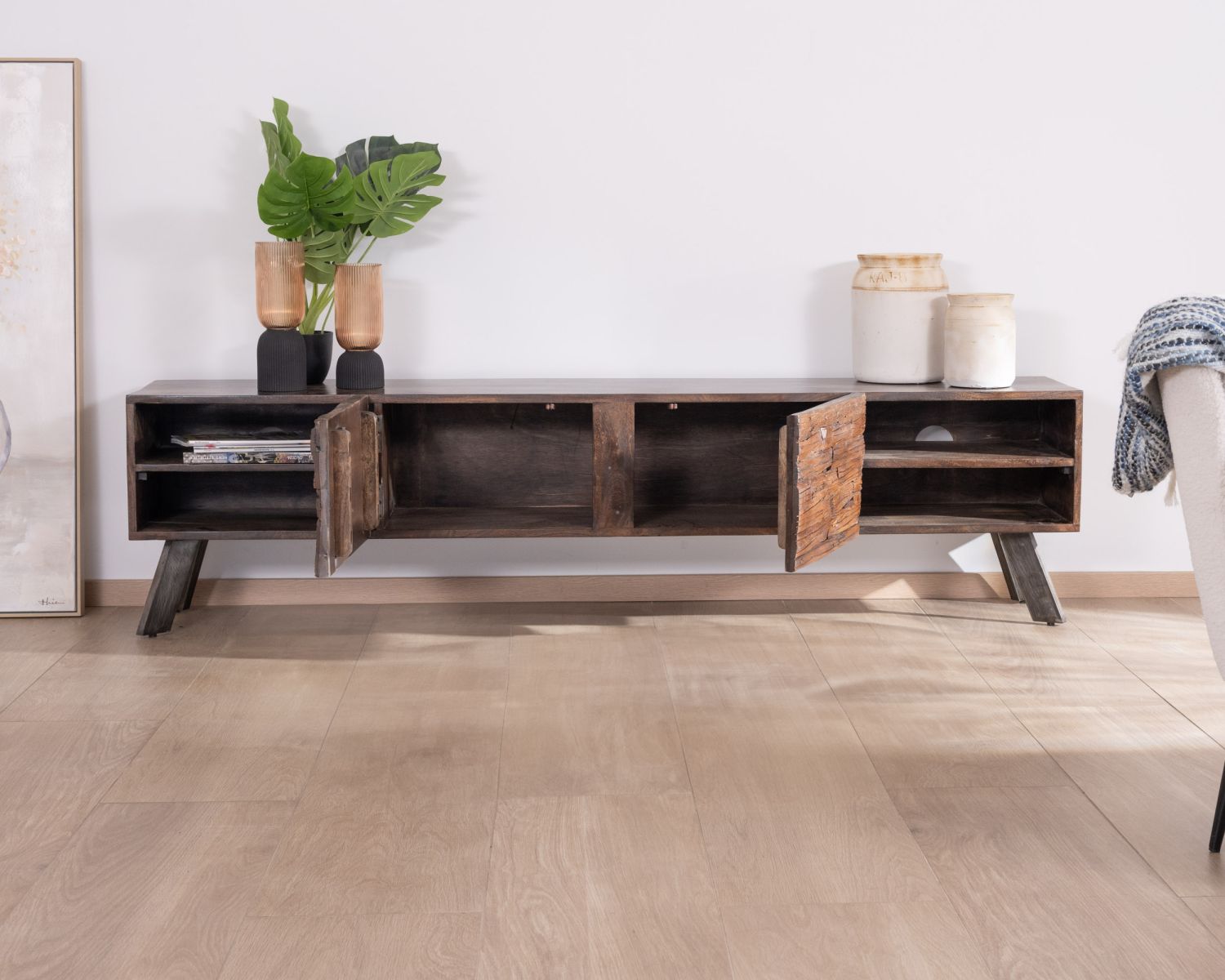 Banc TV en bois recyclé et pieds métal "Crescendo" 200 cm