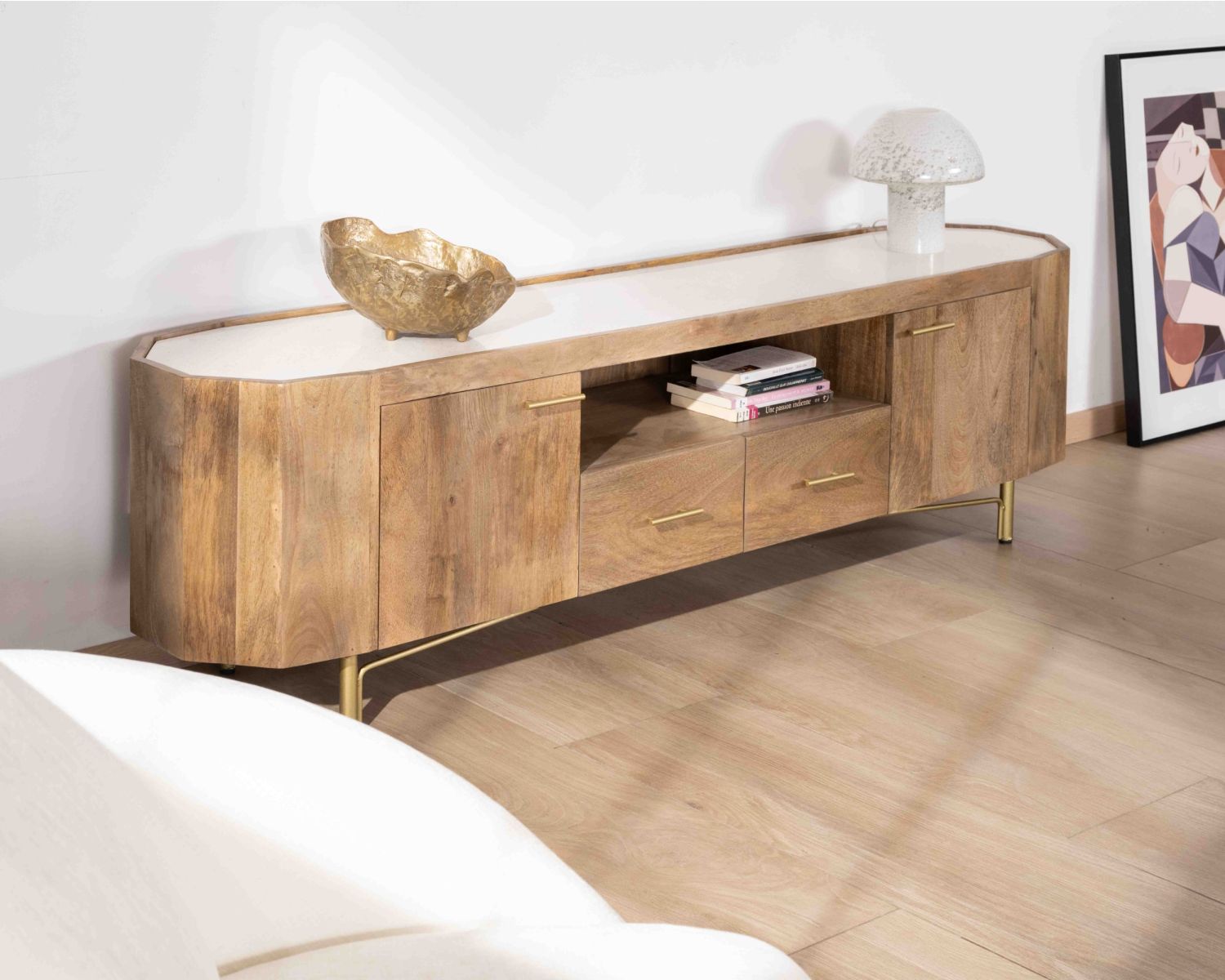 Meuble TV 180 cm rétro-chic avec plateau en terrazzo blanc "Bruges"