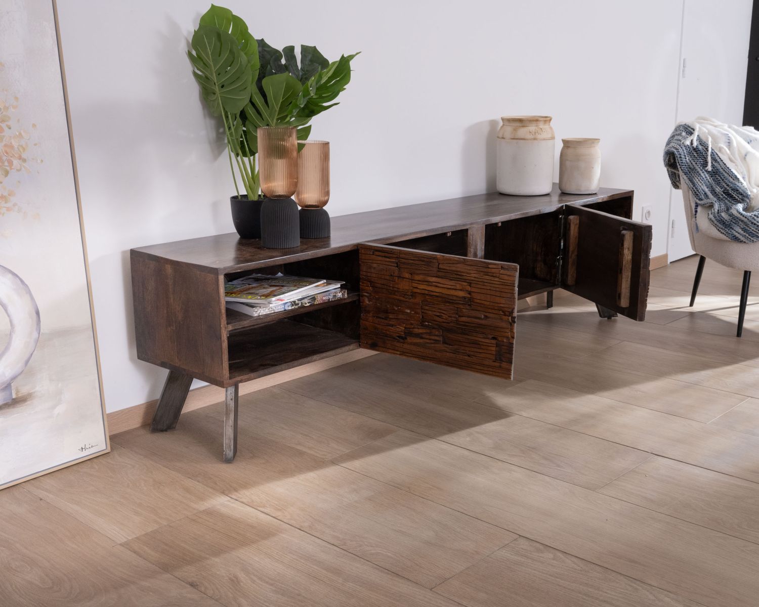 Banc TV en bois recyclé et pieds métal "Crescendo" 200 cm