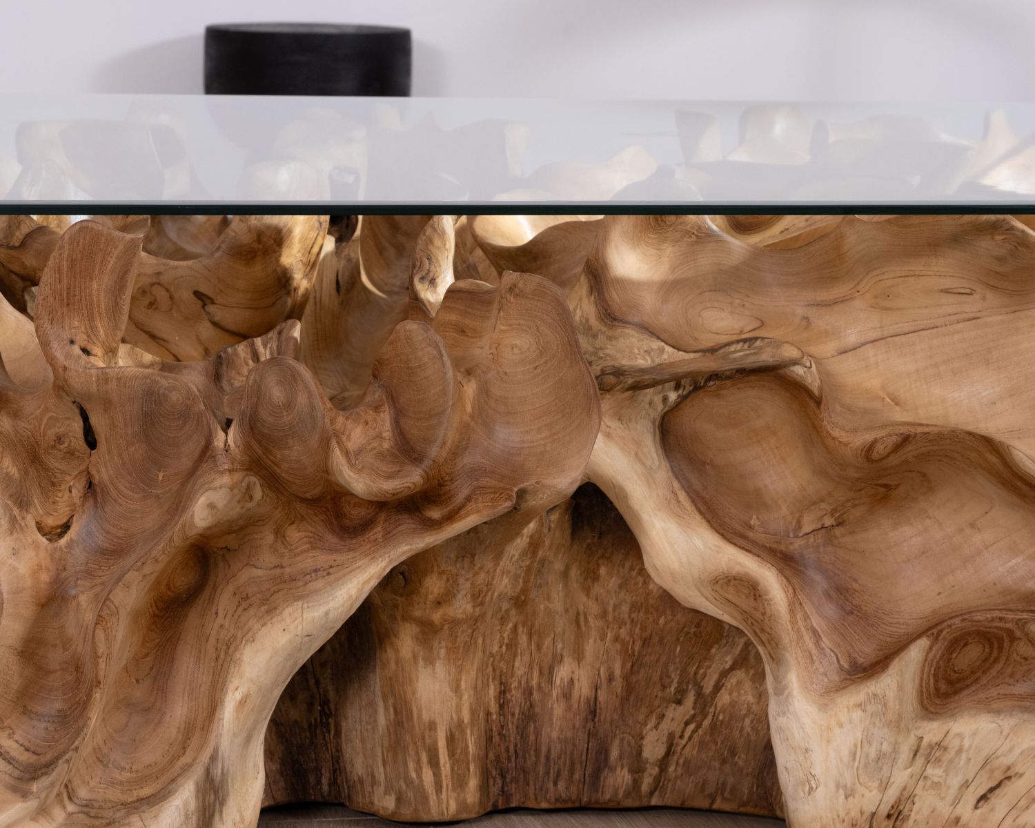 Table basse en racine de teck naturel avec plateau verre rectangulaire "Jungle"