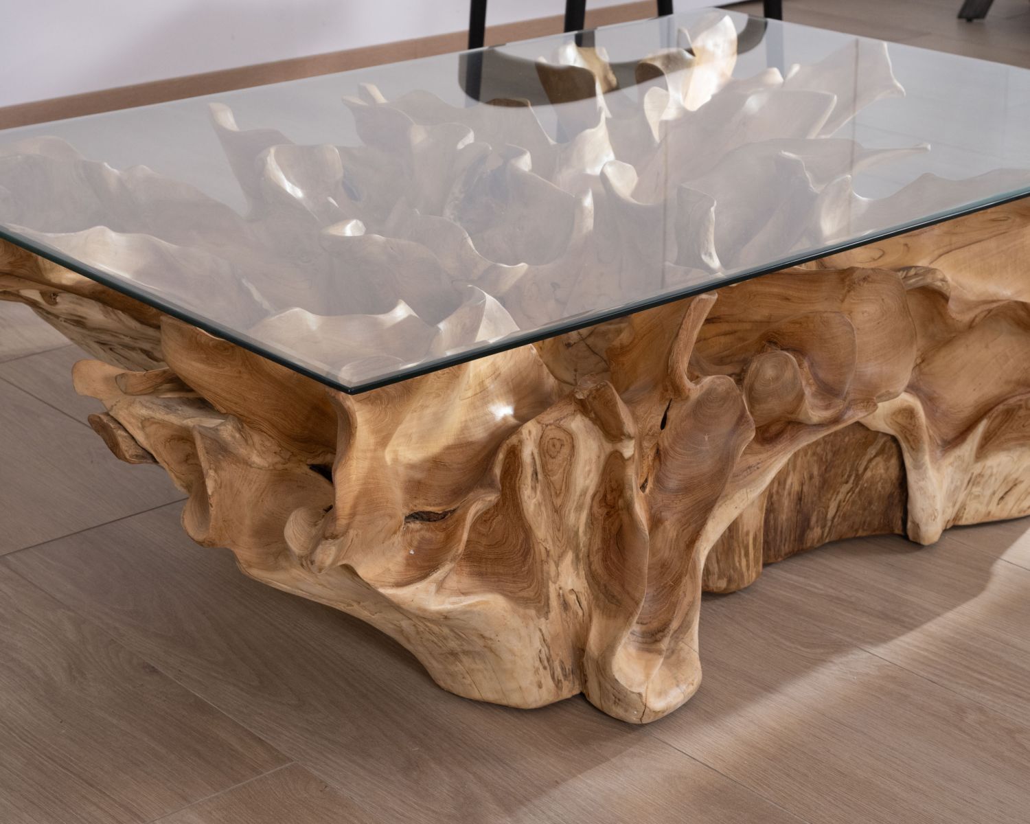 Table basse en racine de teck naturel avec plateau verre rectangulaire "Jungle"