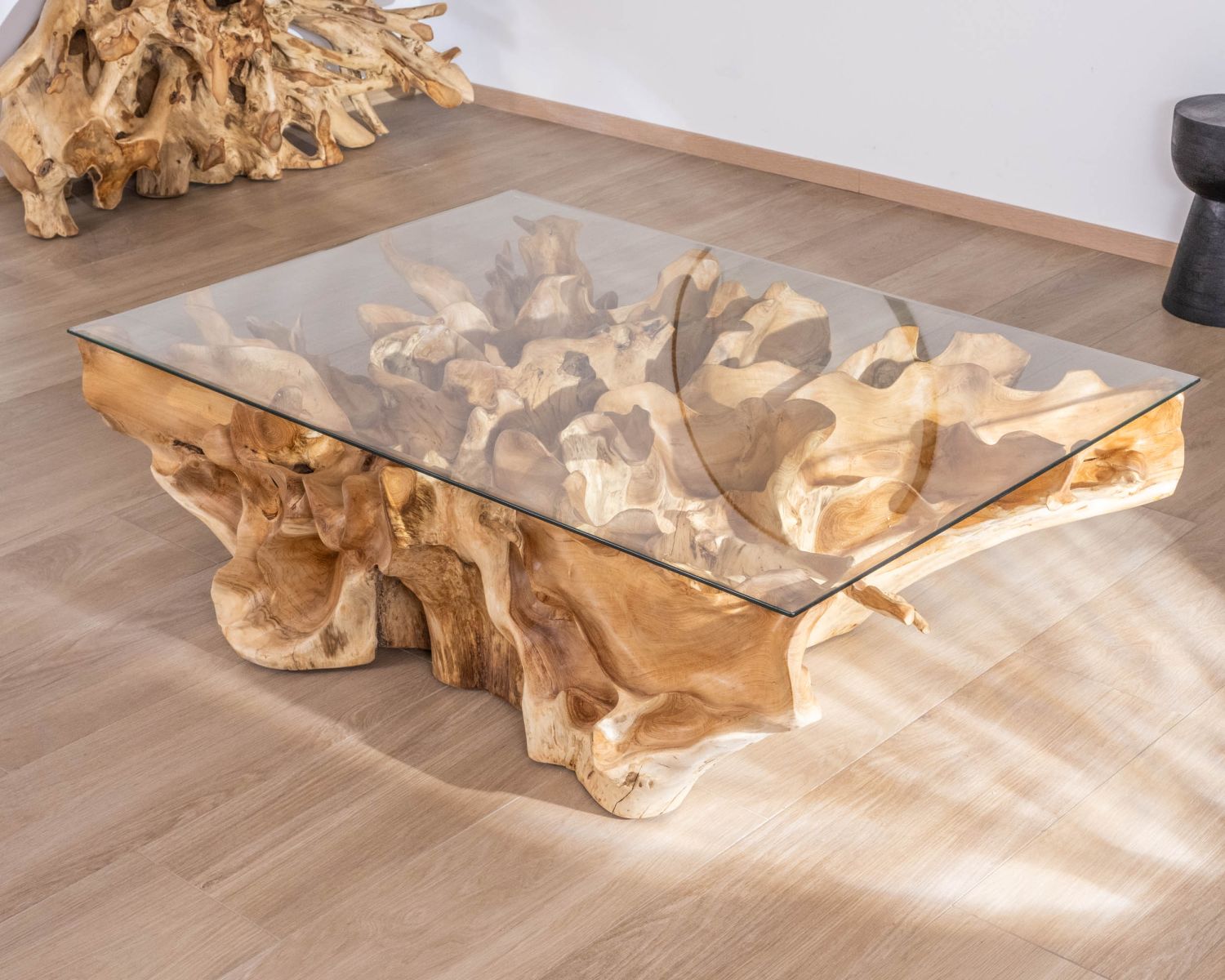 Table basse en racine de teck naturel avec plateau verre rectangulaire "Jungle"