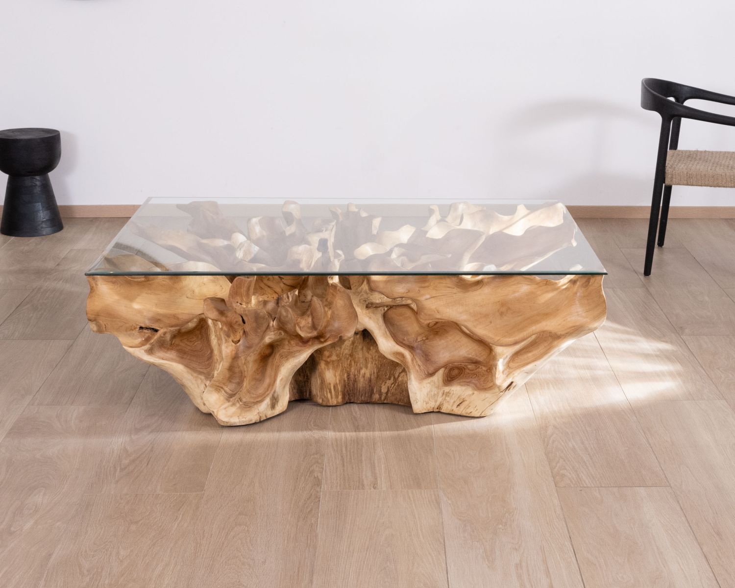 Table basse en racine de teck naturel avec plateau verre rectangulaire "Jungle"