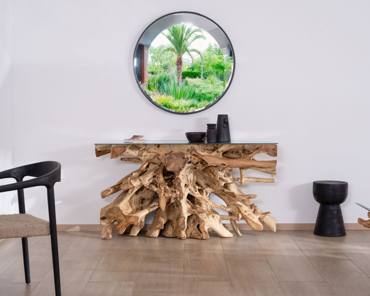 Console en racine de teck naturel avec plateau verre "Jungle"