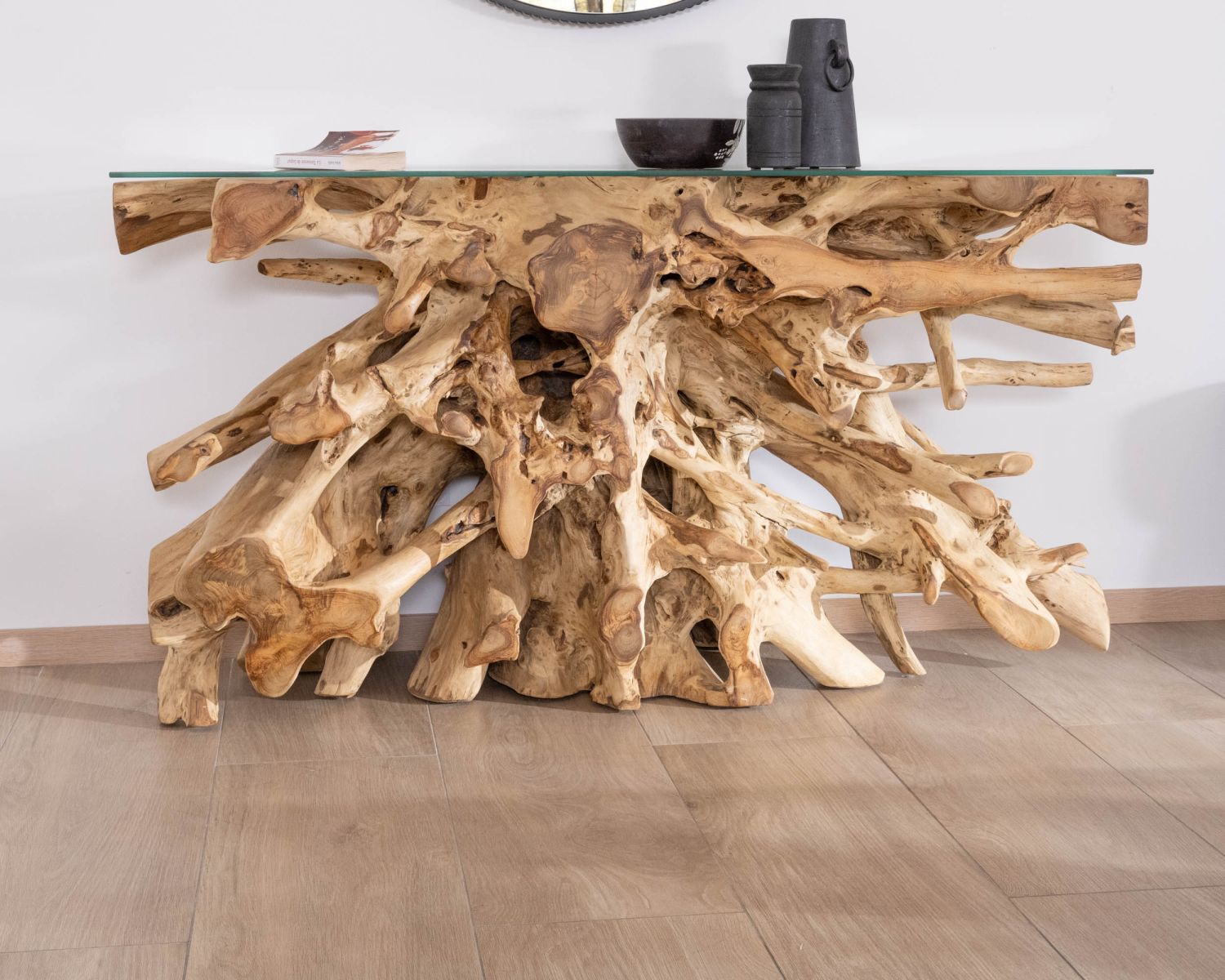 Console en racine de teck naturel avec plateau verre "Jungle"