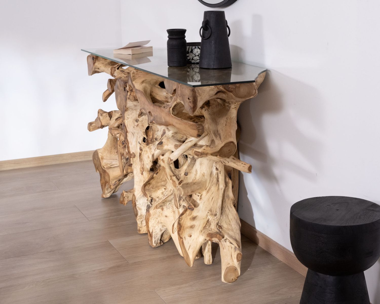 Console en racine de teck naturel avec plateau verre "Jungle"