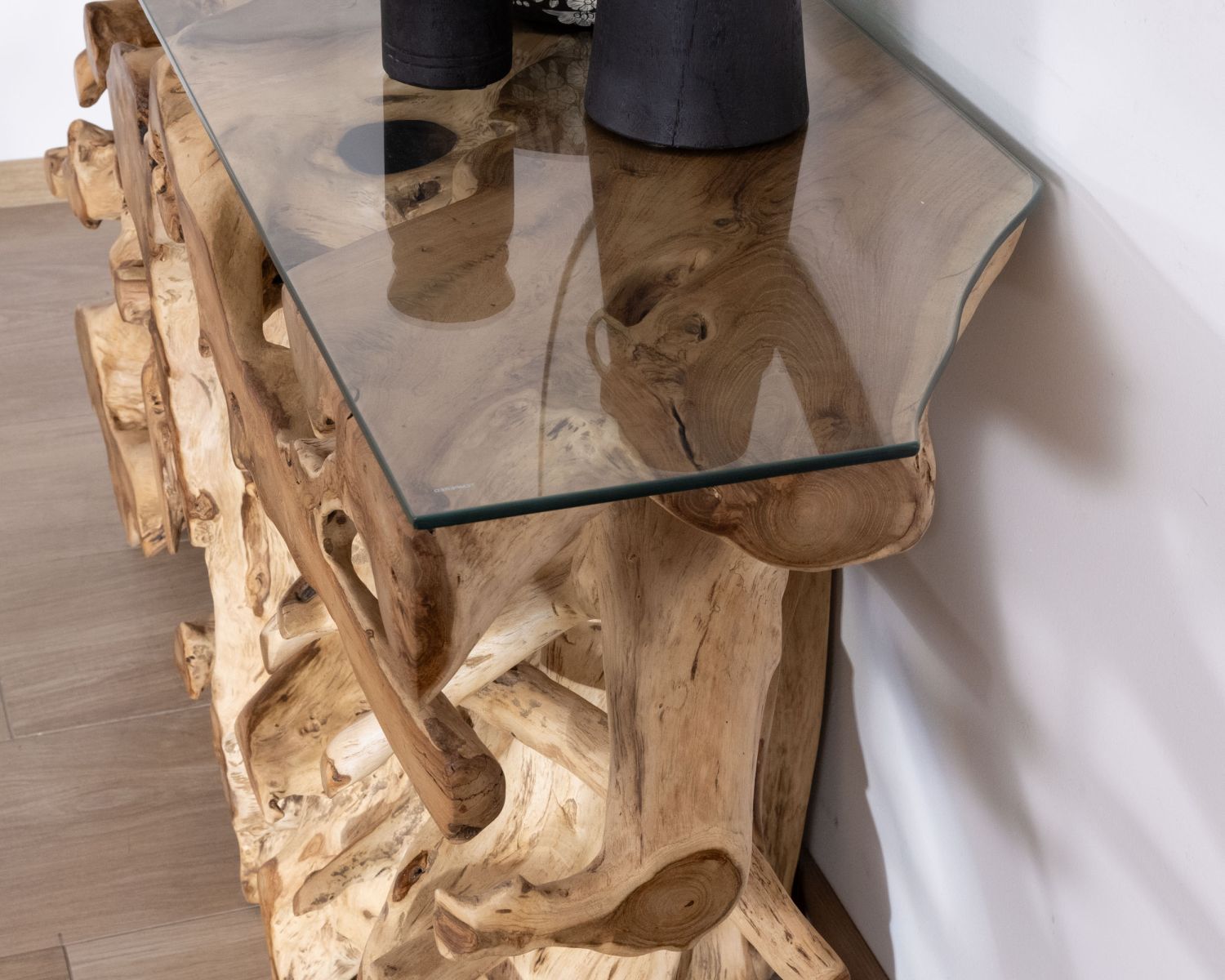 Console en racine de teck naturel avec plateau verre "Jungle"