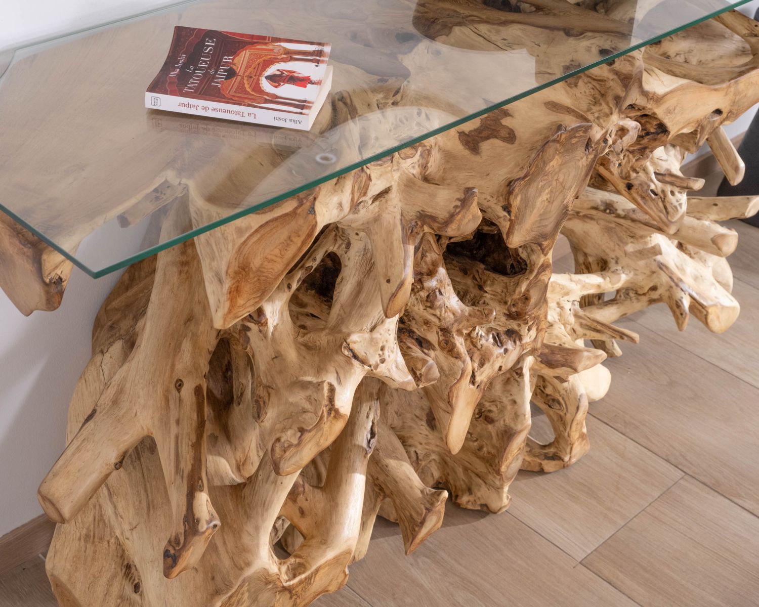Console en racine de teck naturel avec plateau verre "Jungle"