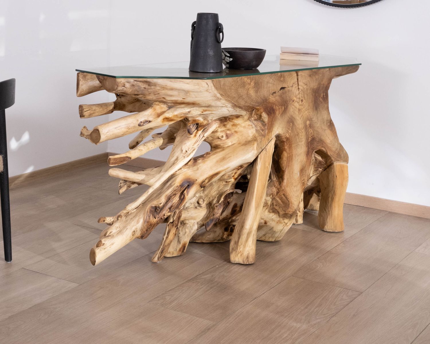 Console en racine de teck naturel avec plateau verre "Jungle"