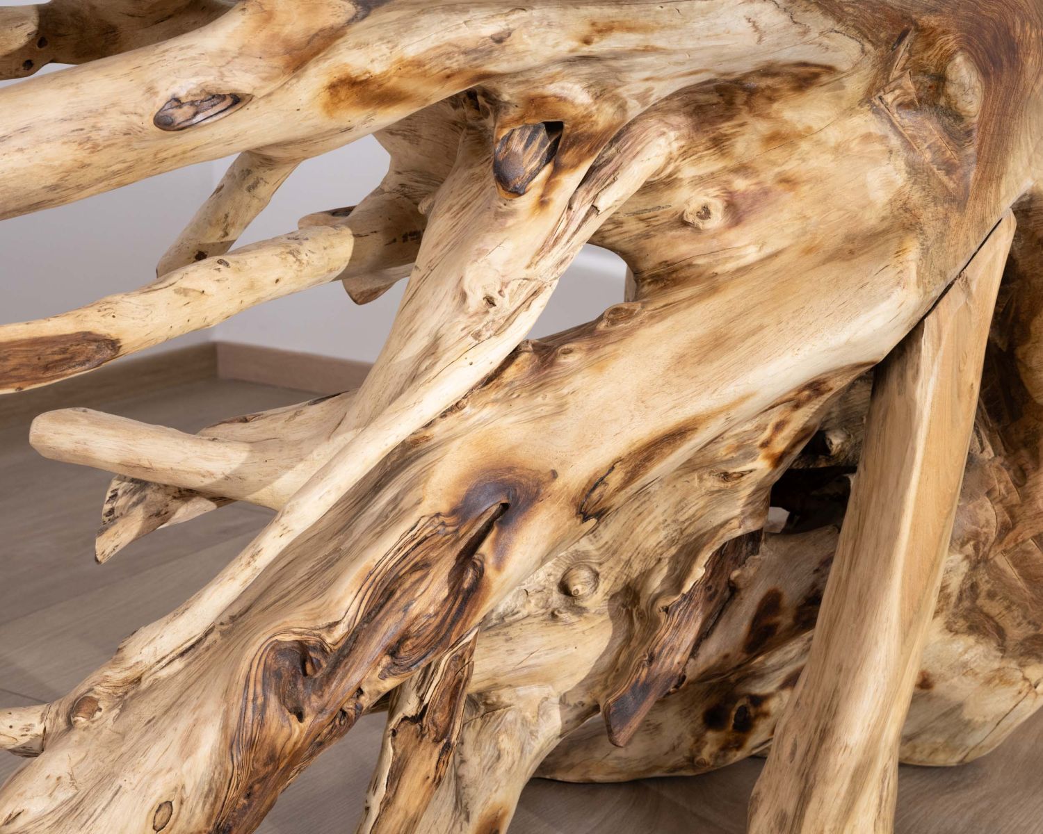 Console en racine de teck naturel avec plateau verre "Jungle"