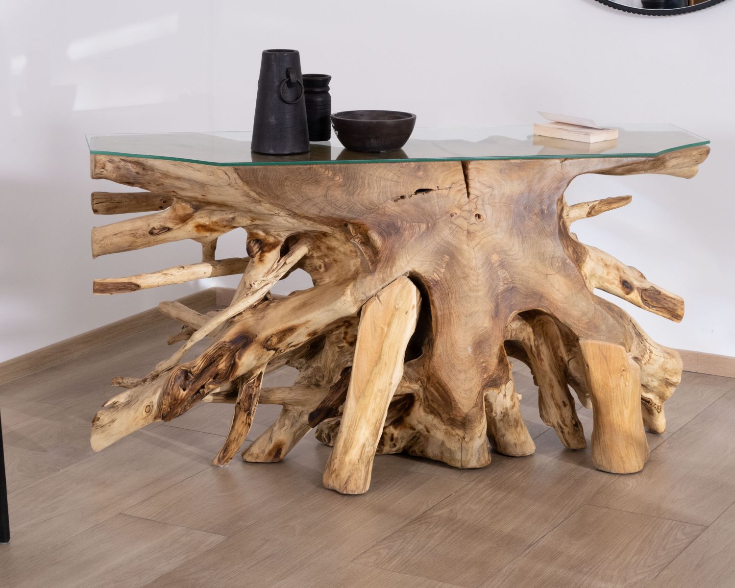 Console en racine de teck naturel avec plateau verre "Jungle"