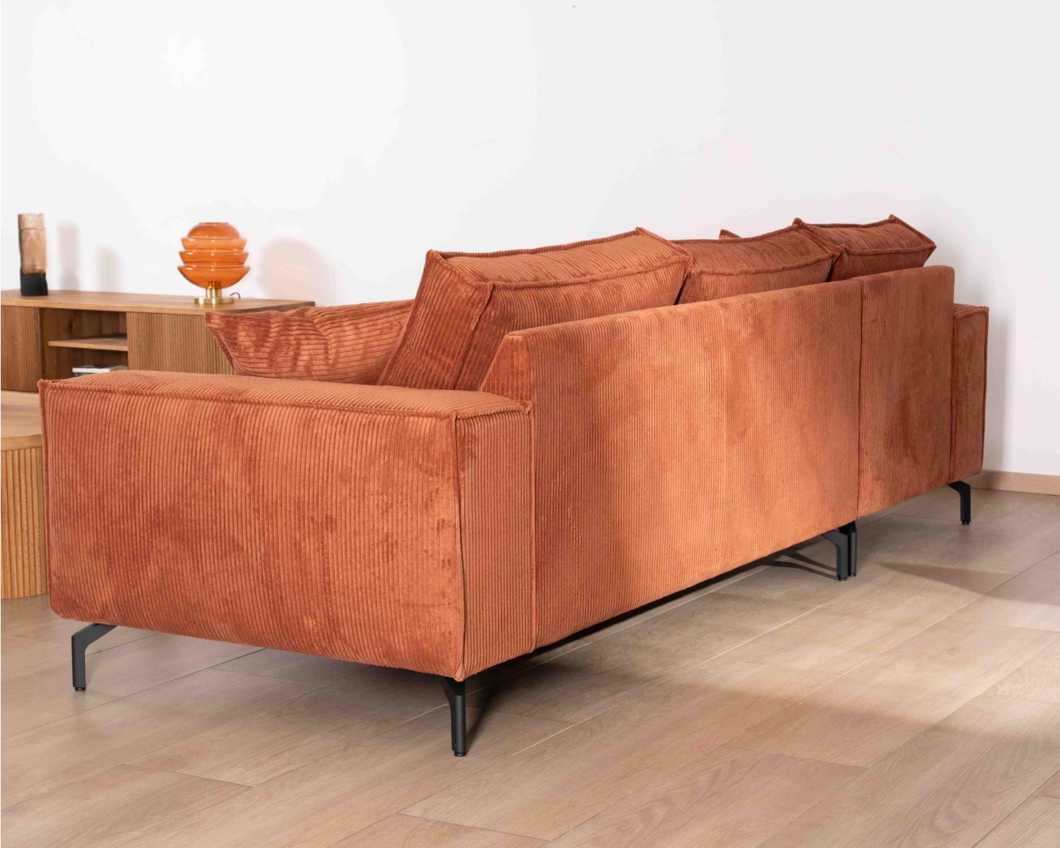 Canapé d'angle en velours côtelé avec méridienne "Pueblo" sens et coloris au choix