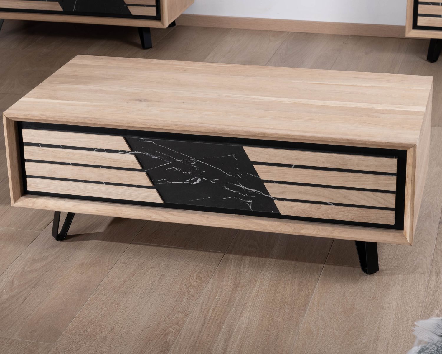 Table basse rectangulaire 1 tiroir en chêne blanchi et façade décor effet marbre "Storia"