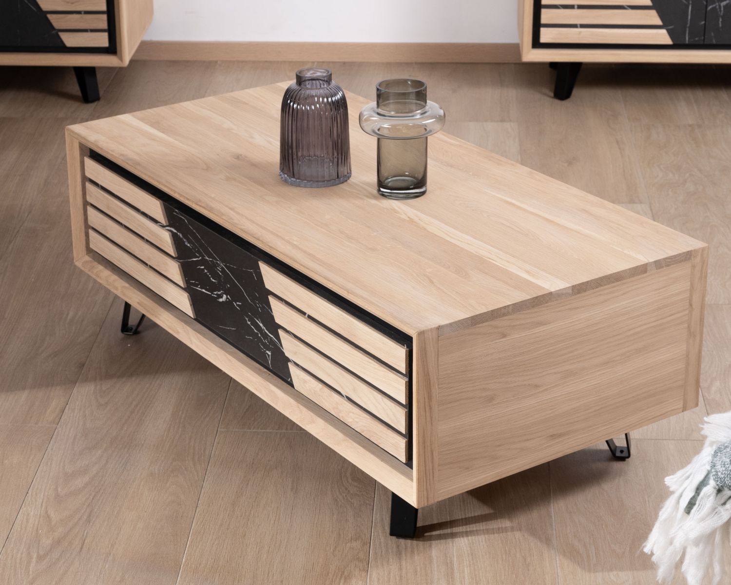 Table basse rectangulaire 1 tiroir en chêne blanchi et façade décor effet marbre "Storia"