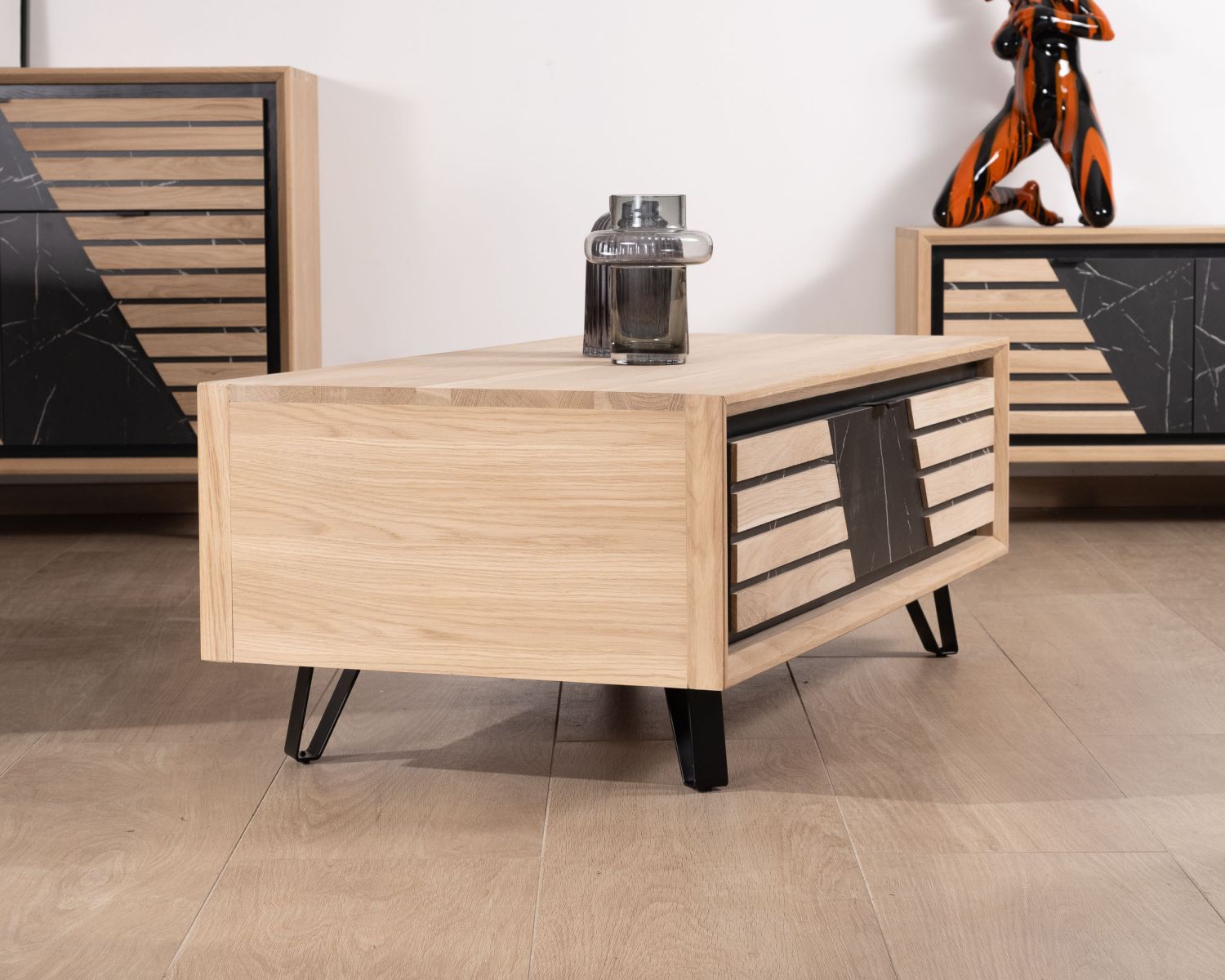 Table basse rectangulaire 1 tiroir en chêne blanchi et façade décor effet marbre "Storia"