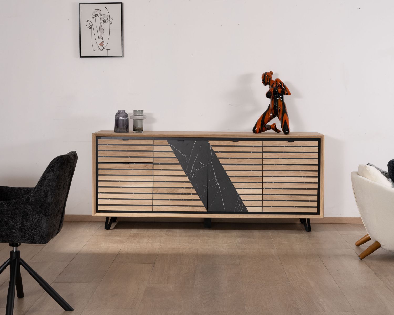 Enfilade 200 cm en chêne blanchi et décor design effet marbre "Storia"