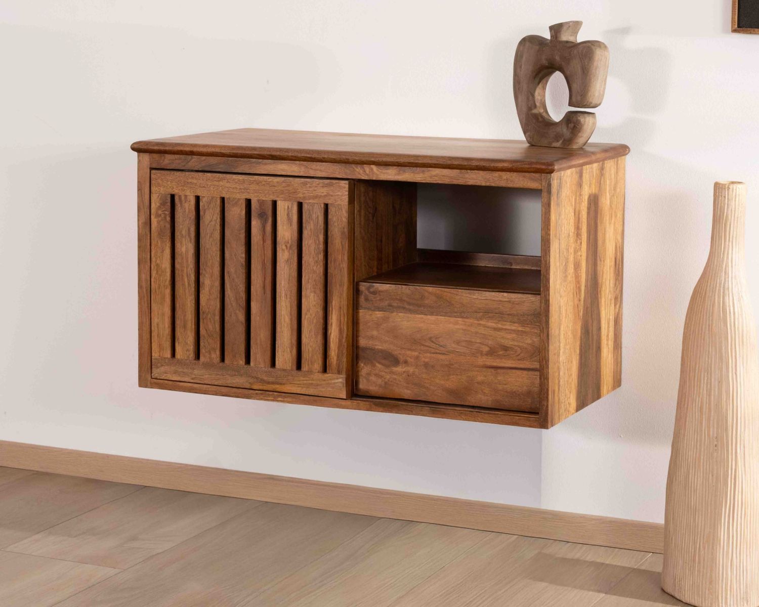 Meuble sous vasque à suspendre 90 cm "Bulle" en manguier foncé