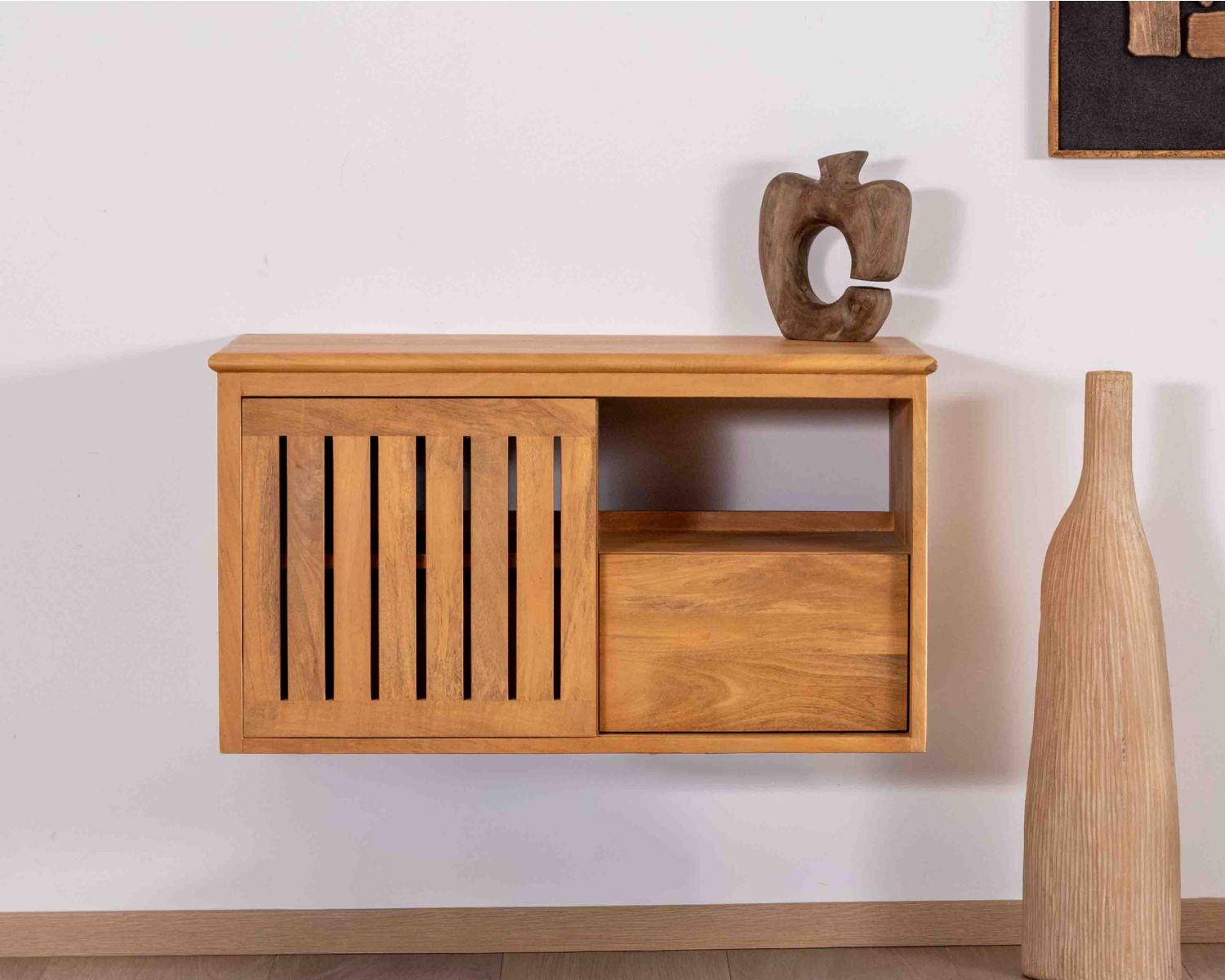 Meuble sous vasque à suspendre 90 cm "Bulle" en manguier teinte chêne clair