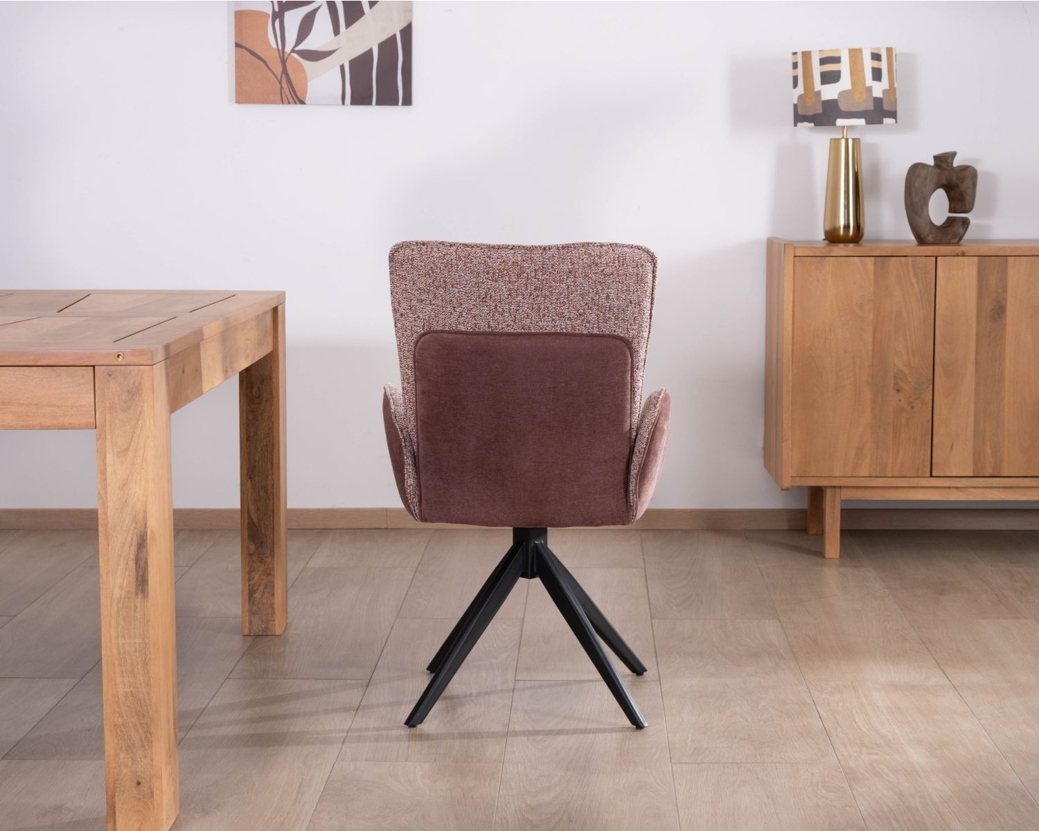 Lot de 2 chaises en tissu bi-matière prune "Eddy" avec accoudoirs sur pied métal pivotant