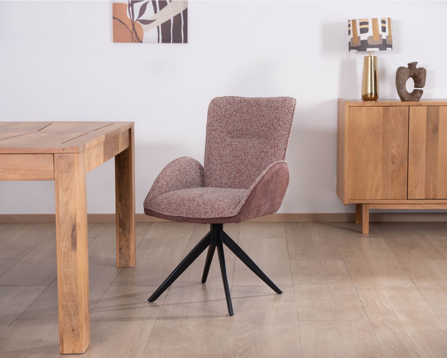 Lot de 2 chaises en tissu bi-matière prune "Eddy" avec accoudoirs sur pied métal pivotant