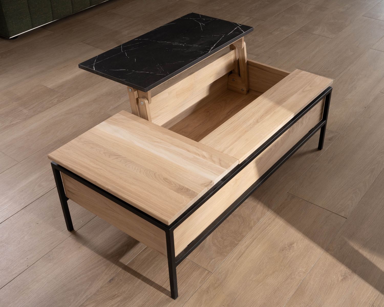 Table basse avec plateau multi-modulaire en chêne blanchi et décor design effet marbre "Storia"