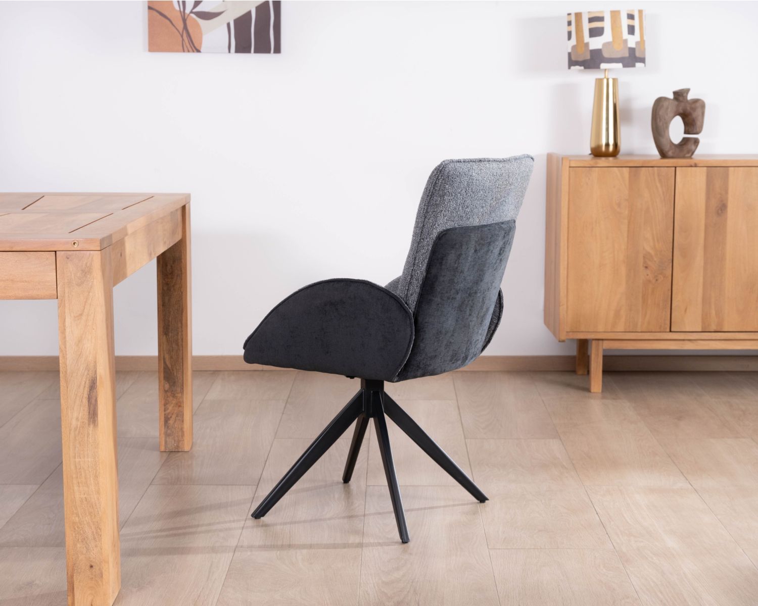Lot de 2 chaises avec accoudoirs en tissu bi-matière anthracite "Eddy" avec pied métal pivotant