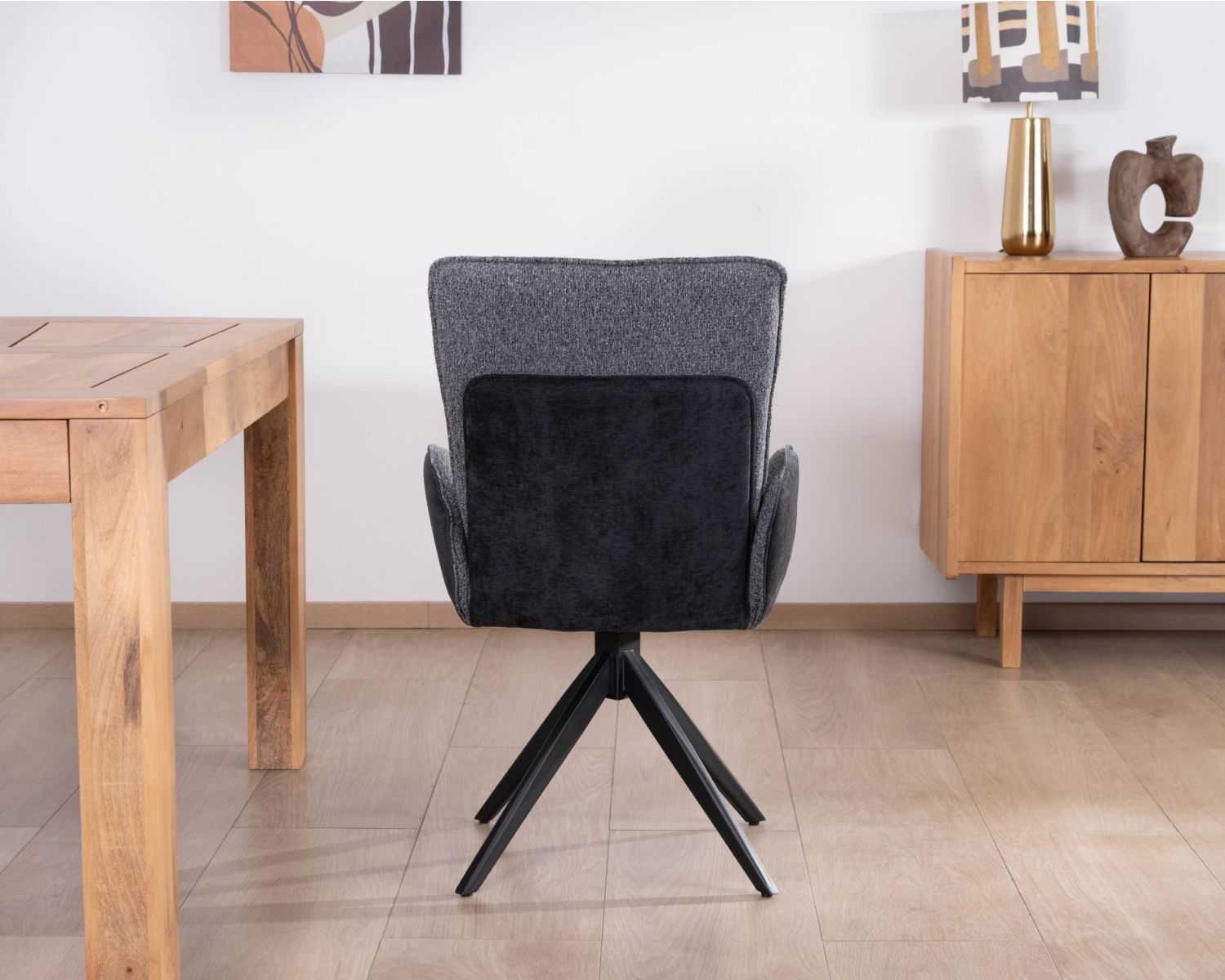 Lot de 2 chaises avec accoudoirs en tissu bi-matière anthracite "Eddy" avec pied métal pivotant