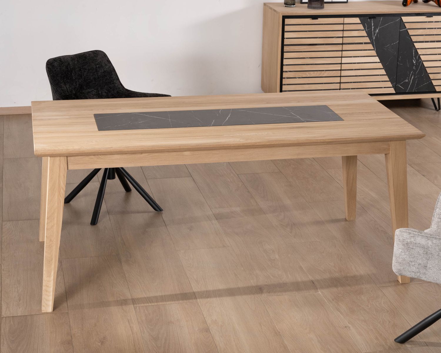 Table de salle à manger 180 cm extensible en chêne blanchi avec décor design effet marbre "Storia"