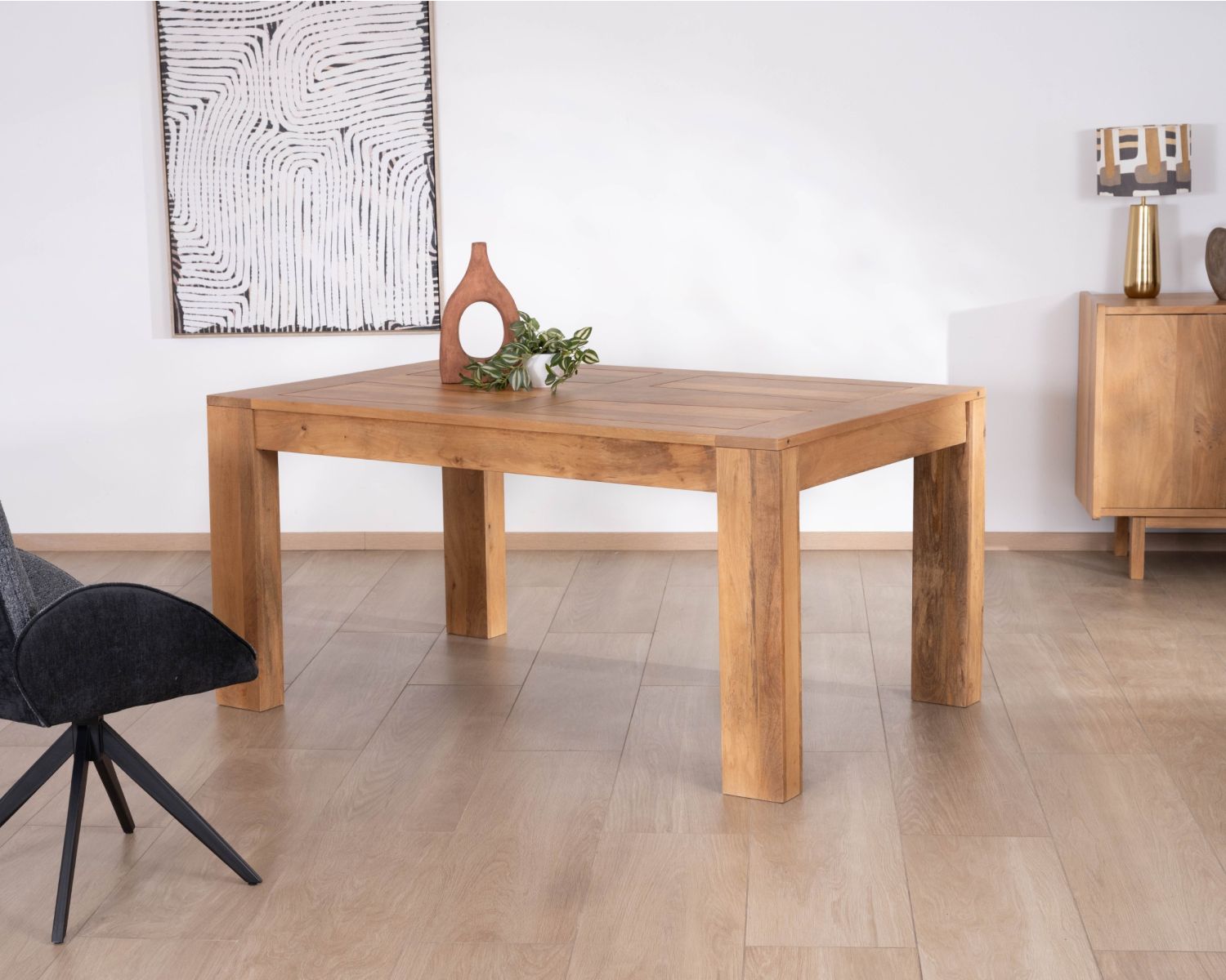 Table de repas extensible en manguier teinte chêne clair "Jappéo" 160 à 250 cm