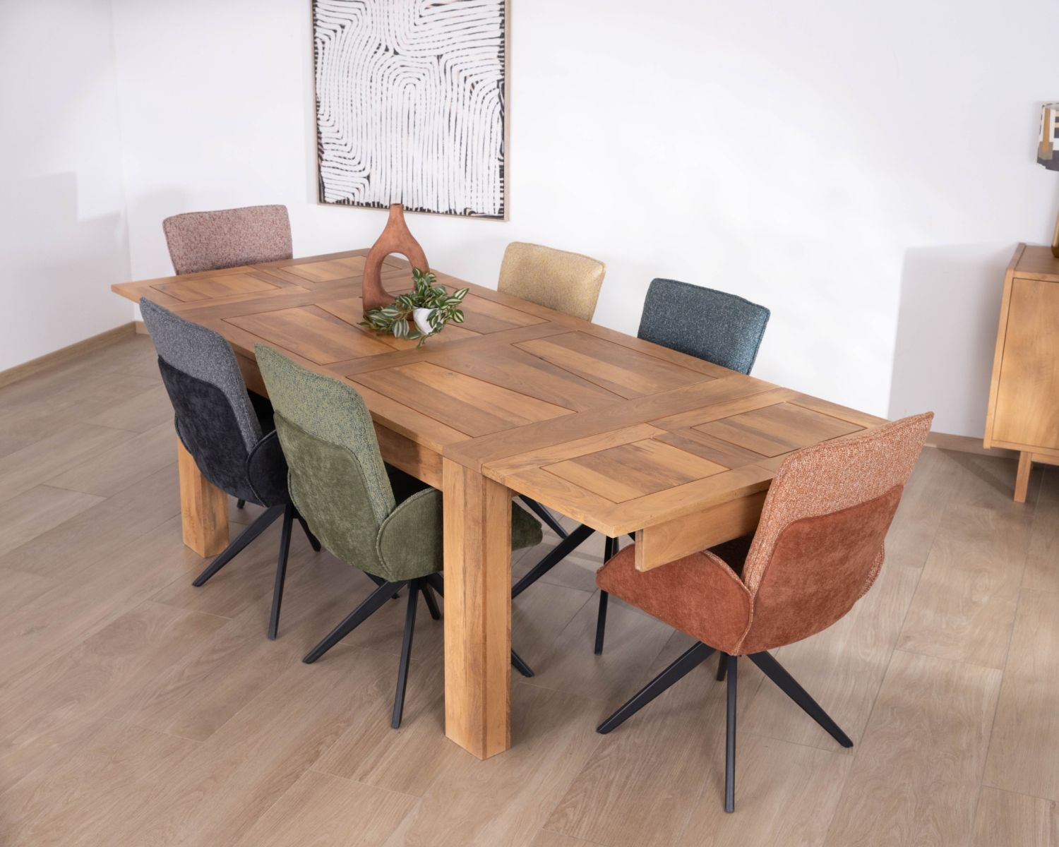 Table de repas extensible en manguier teinte chêne clair "Jappéo" 160 à 250 cm