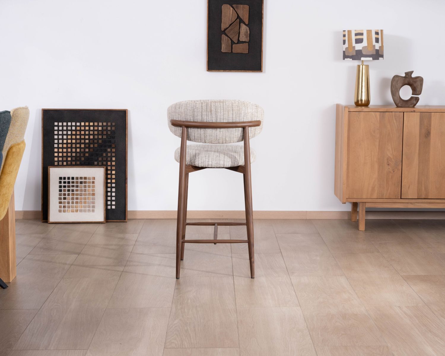 Lot de 2 chaises mi-hauteur rétro en tissu tramé beige et marron "Arpège" pieds métal aspect noyer